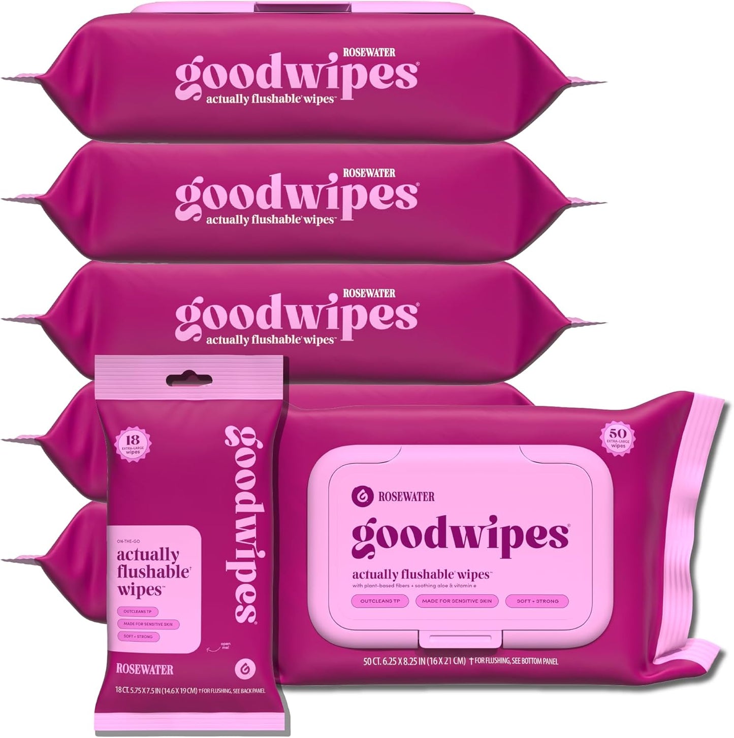 goodwipes Flushable Butt Wipes - Vitamin E & Aloe - Sewer & Septic Safe - Extra Large Adult Wet Wipes For Women & Men - Bathroom Essentials - Rosewater, 318 Count (6 Packs + 1 Travel)