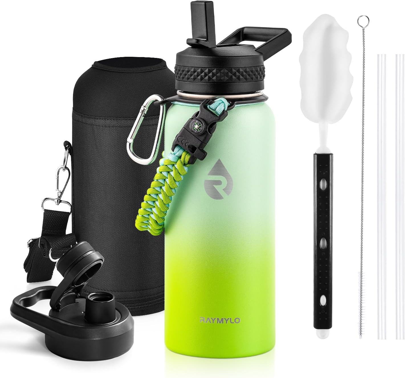 One Gallon Water Bottle Insulated, Triple Walled Vacuum Stainless Steel (Cold for 48 Hrs), Leak Proof & Non-BPA, Large Water Flask Jug with Paracord Handle & Straw Spout Lids