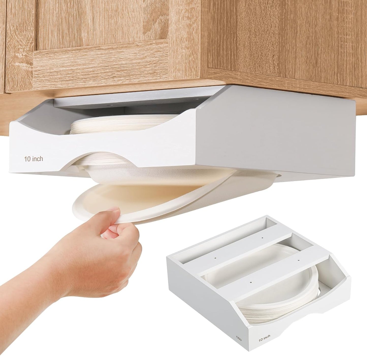 10-inch Paper Plate Dispenser Under Cabinet, Bamboo Paper Plate Holders, Kitchen Counter Vertical Plate Dispensers Holders Countertop Caddy(For 10-inch Plates, Bamboo)
