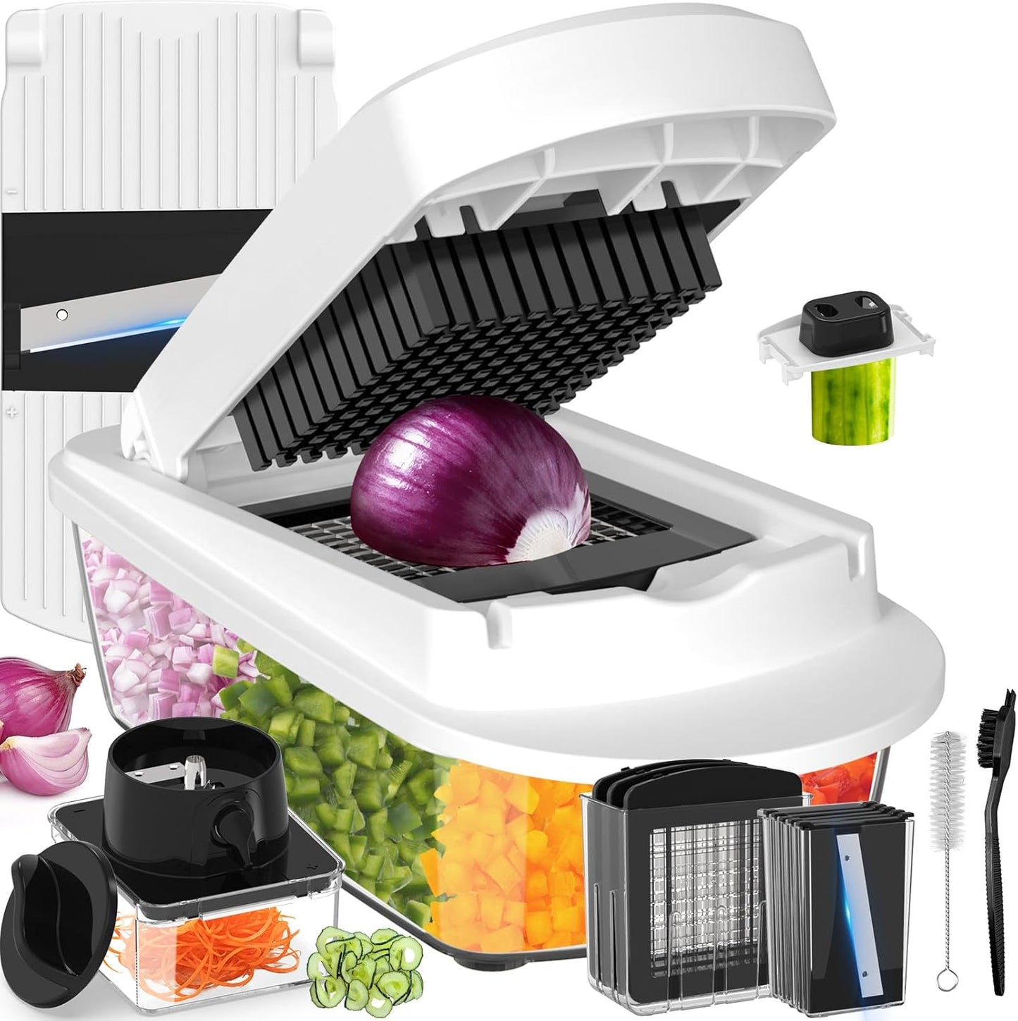 8 Blade All-in-1 Vegetable Chopper Mandoline Slicer with Container, Food Chopper, Onion Chopper, Veggie Cutter for Salad, Kitchen Gadgets Accessories Essentials, White