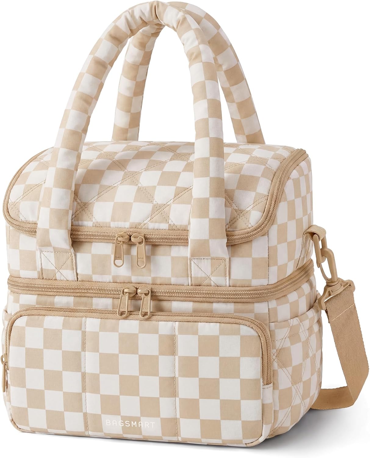 BAGSMART Lunch Bag Women, Double Deck Insulated Lunch Box, Quilted Puffer Lunch Tote, Leakproof, Durable & Reusable Large Lunch Cooler For Work Picnic Travel Meal Prep, Camel