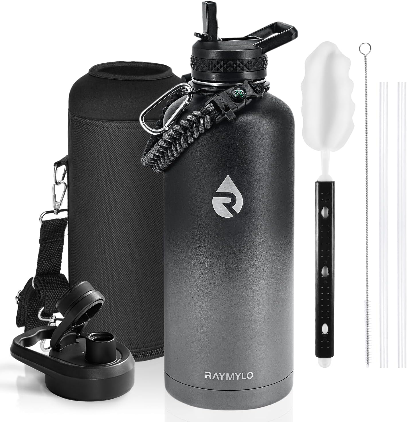 One Gallon Water Bottle Insulated, Triple Walled Vacuum Stainless Steel (Cold for 48 Hrs), Leak Proof & Non-BPA, Large Water Flask Jug with Paracord Handle & Straw Spout Lids