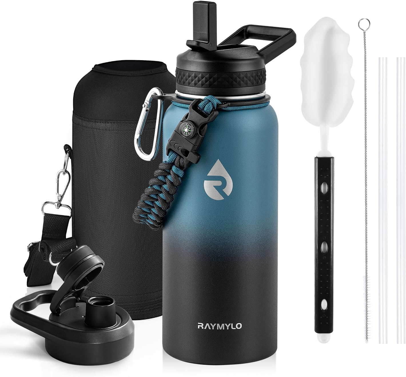 One Gallon Water Bottle Insulated, Triple Walled Vacuum Stainless Steel (Cold for 48 Hrs), Leak Proof & Non-BPA, Large Water Flask Jug with Paracord Handle & Straw Spout Lids