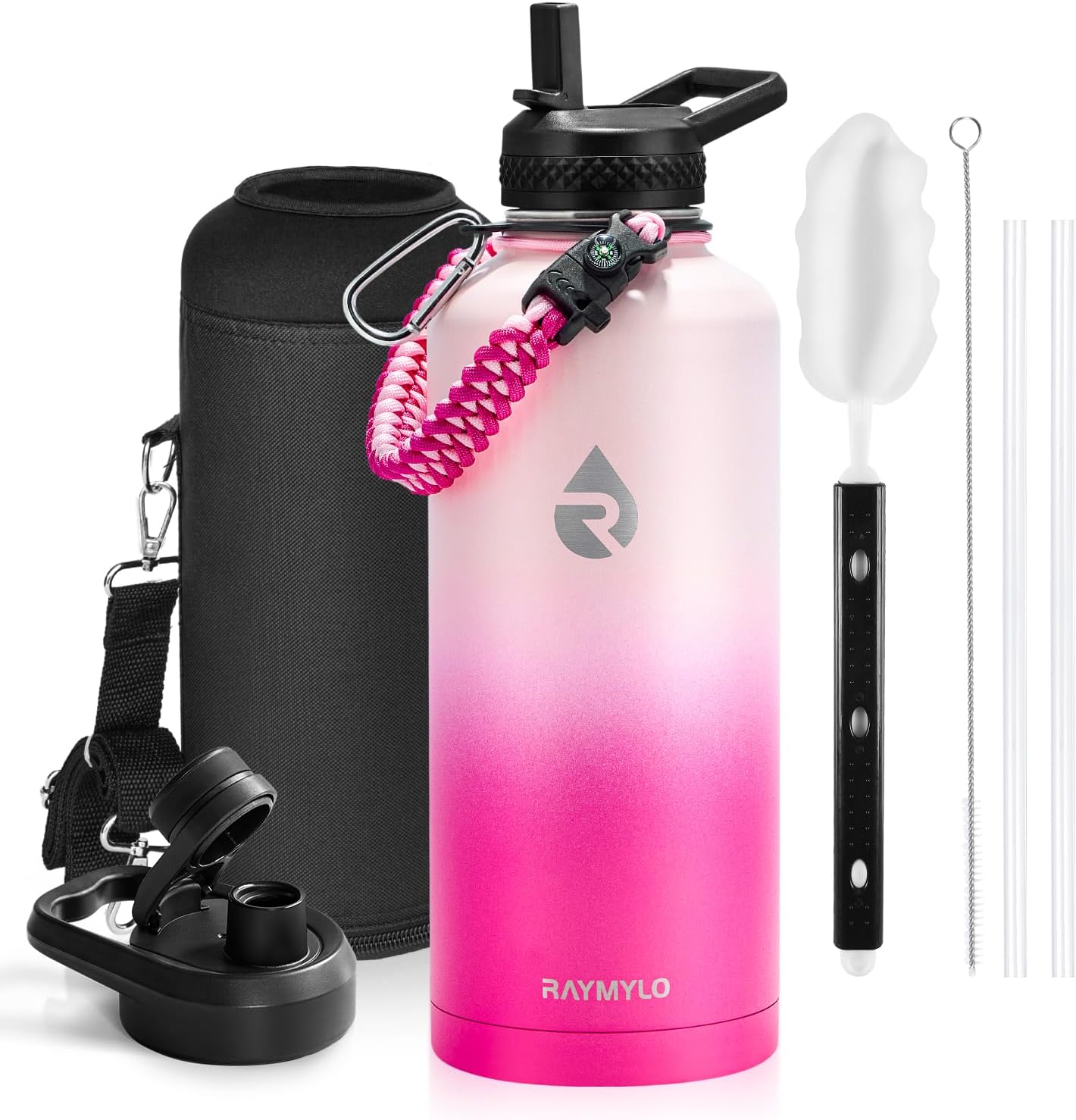 One Gallon Water Bottle Insulated, Triple Walled Vacuum Stainless Steel (Cold for 48 Hrs), Leak Proof & Non-BPA, Large Water Flask Jug with Paracord Handle & Straw Spout Lids