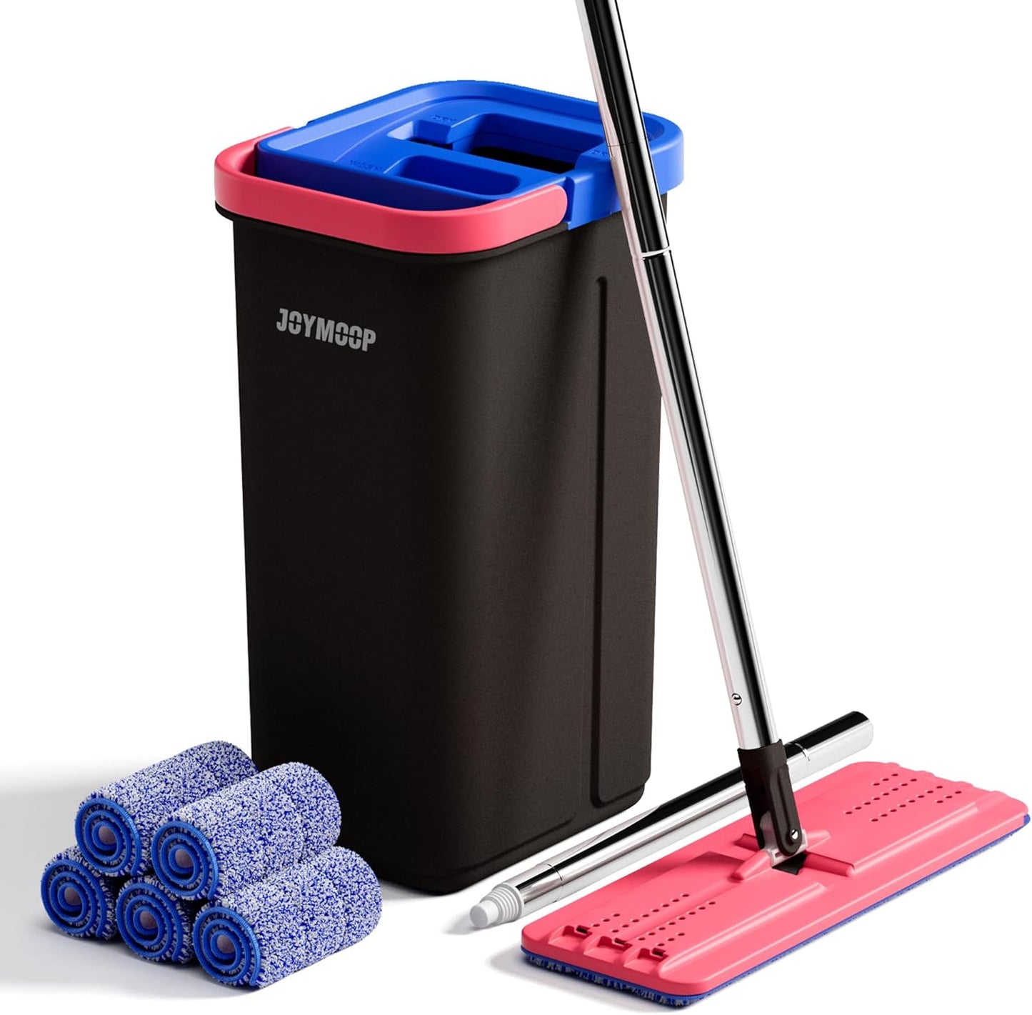 JOYMOOP Mop and Bucket with Wringer Set, Hands Free Flat Floor Mop and Bucket, with 3 Washable Microfiber Pads, Wet and Dry Use, Floor Cleaning System