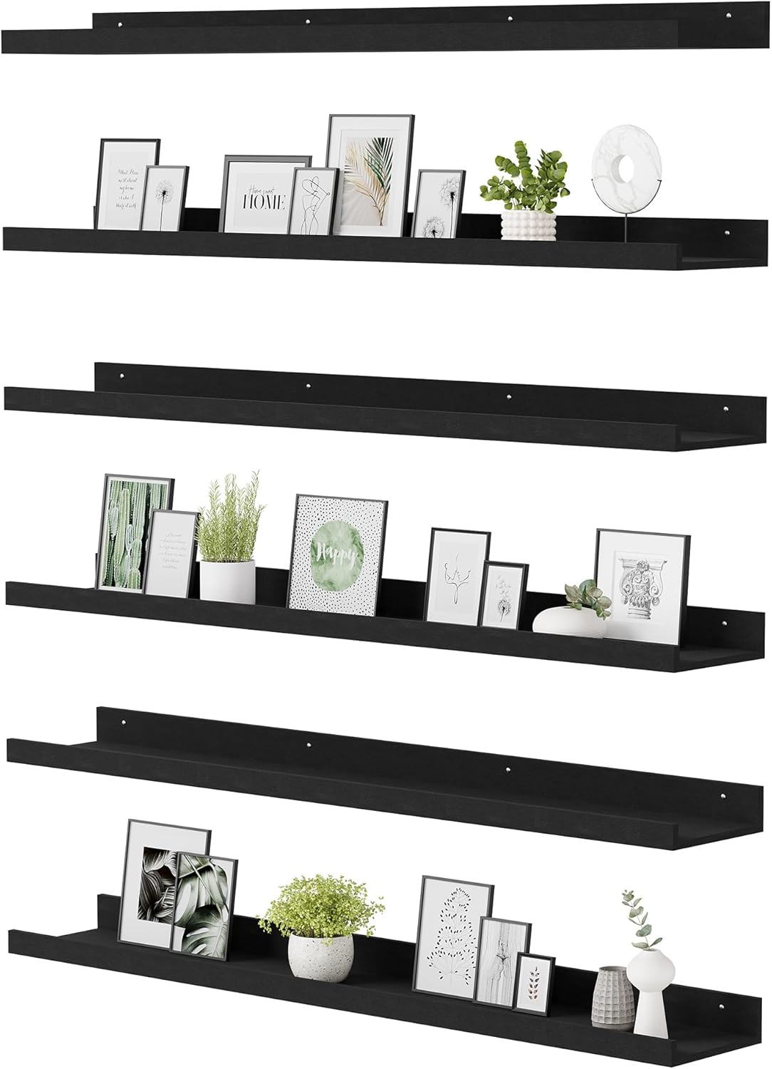 upsimples Floating Shelves for Wall, Wall Shelves for Decor Storage Set of 6, Wall Mounted Wood Shelf for Bedroom, Living Room, Bathroom, Kitchen, Picture Ledge Shelf, Black