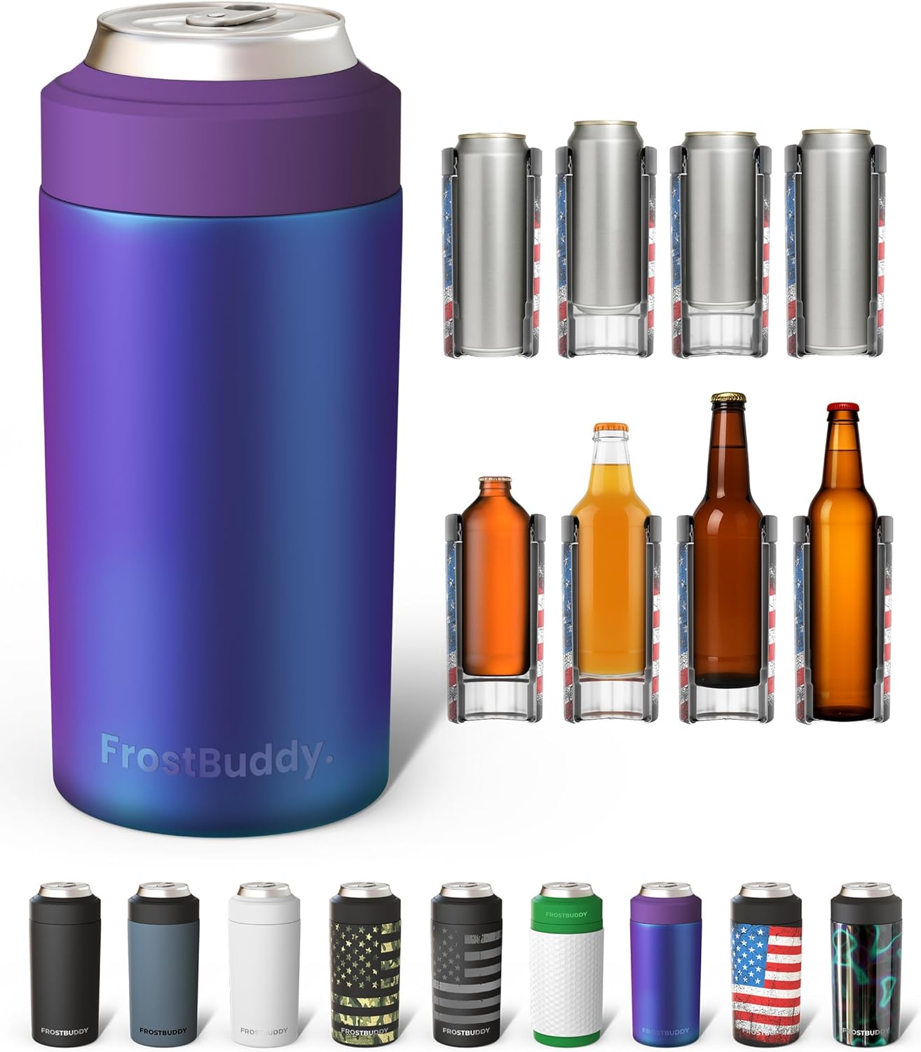 Frost Buddy Universal Can Cooler - Fits All - For Regular 12 & 16 oz or Slim-Size Bottles - Insulated Double-Walled Stainless Steel (MatteBlack)