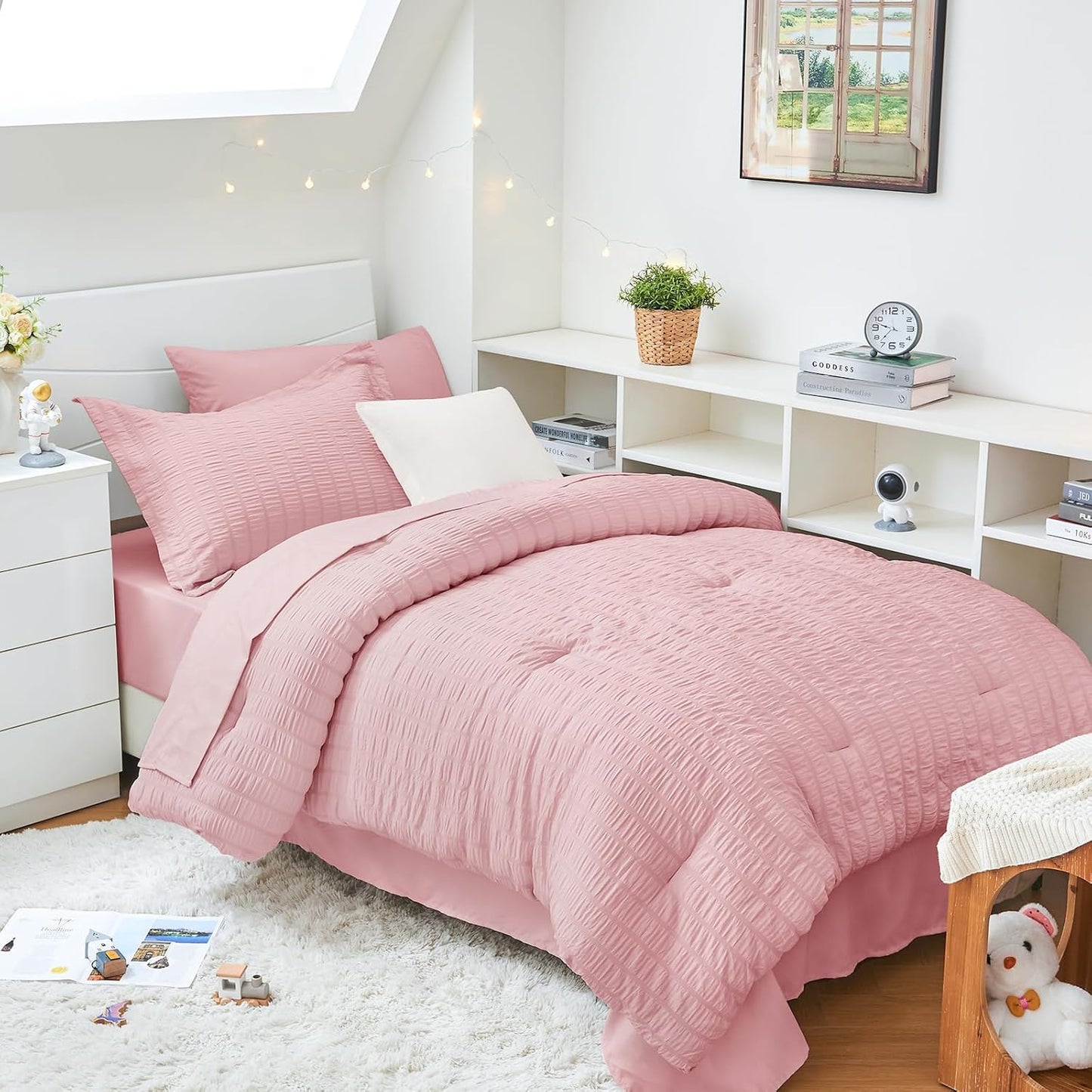 HYMOKEGE Queen Comforter Set Seersucker 7 Pieces, All Season Luxury Bed in a Bag for Bedroom, Bedding Set with Comforters, Sheets, Pillowcases & Shams, Dark Grey