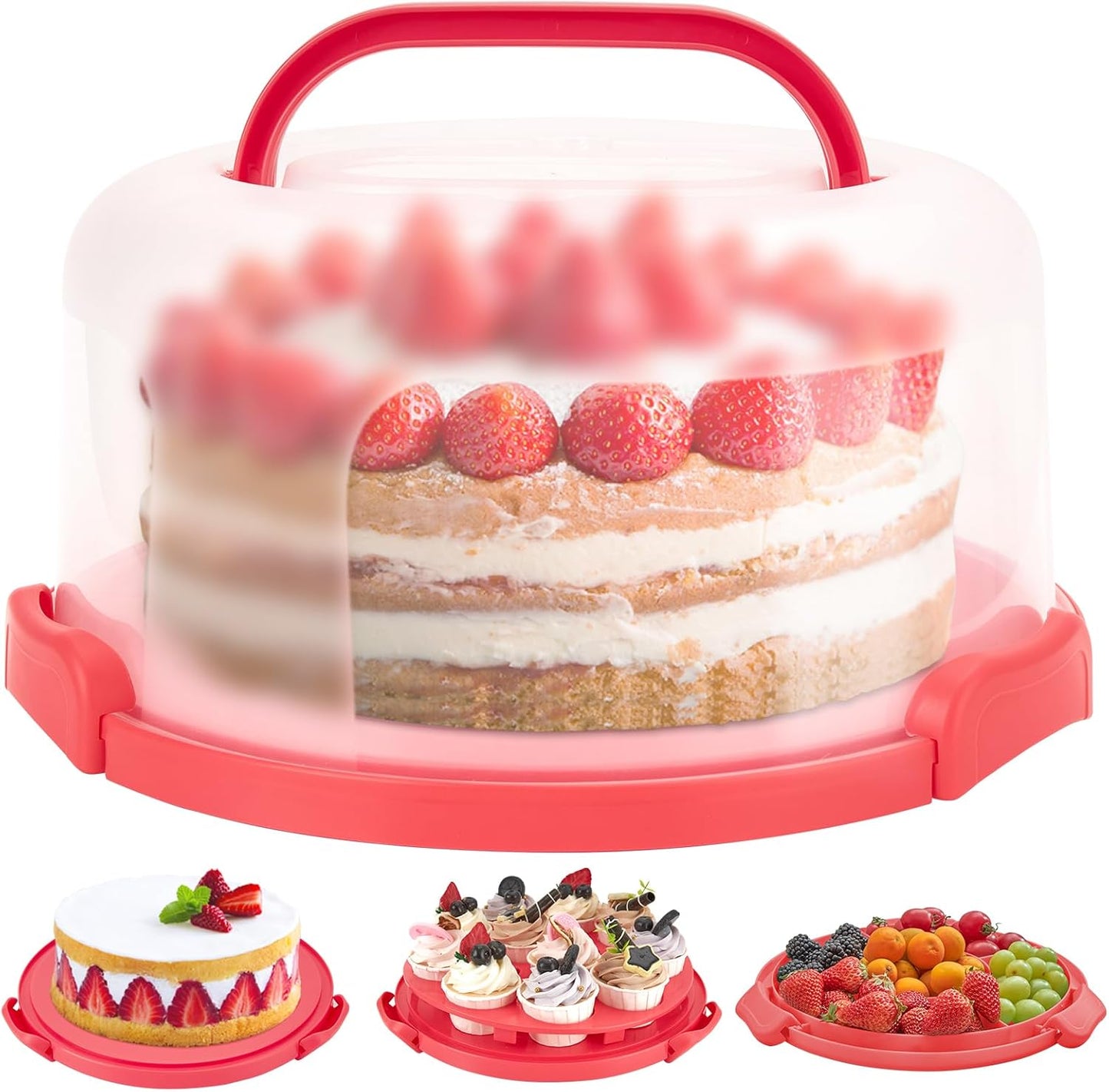 Ohuhu Cake Carrier with Lid and Handle, BPA-Free Cake Containers Cake Holder for 10 inch Cake with 2 Handles Cupcake Carrier - Plastic Cover Two Sided Base for Transport Pie Nuts Fruit Perfect Gifts