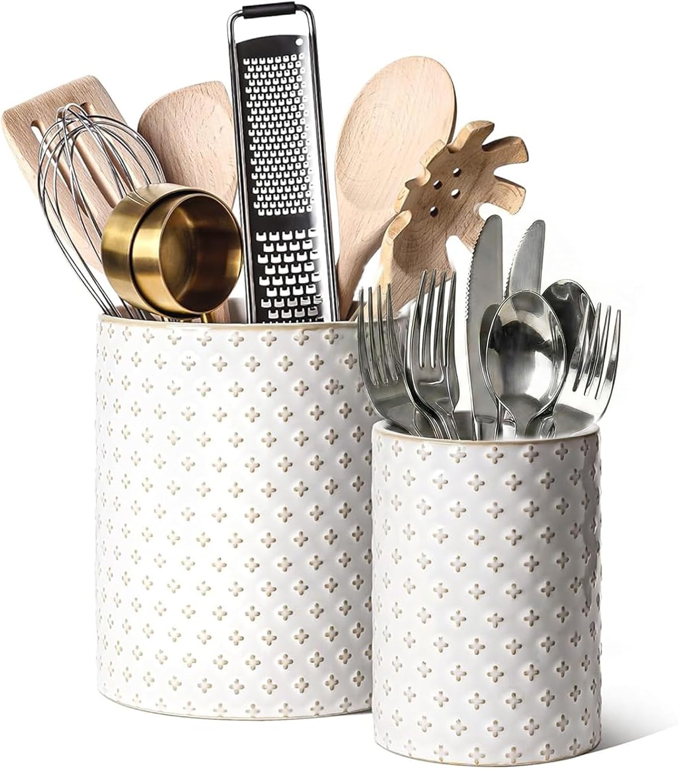 LE TAUCI Utensil Holder for Kitchen Counter - 6.9"+5.3" Ceramic Kitchen Utensil Holder Set of 2, Large Cooking Utensil Crock & Organizer for Spatula, Spoon - Embossed Kitchen Decor, White,Bee