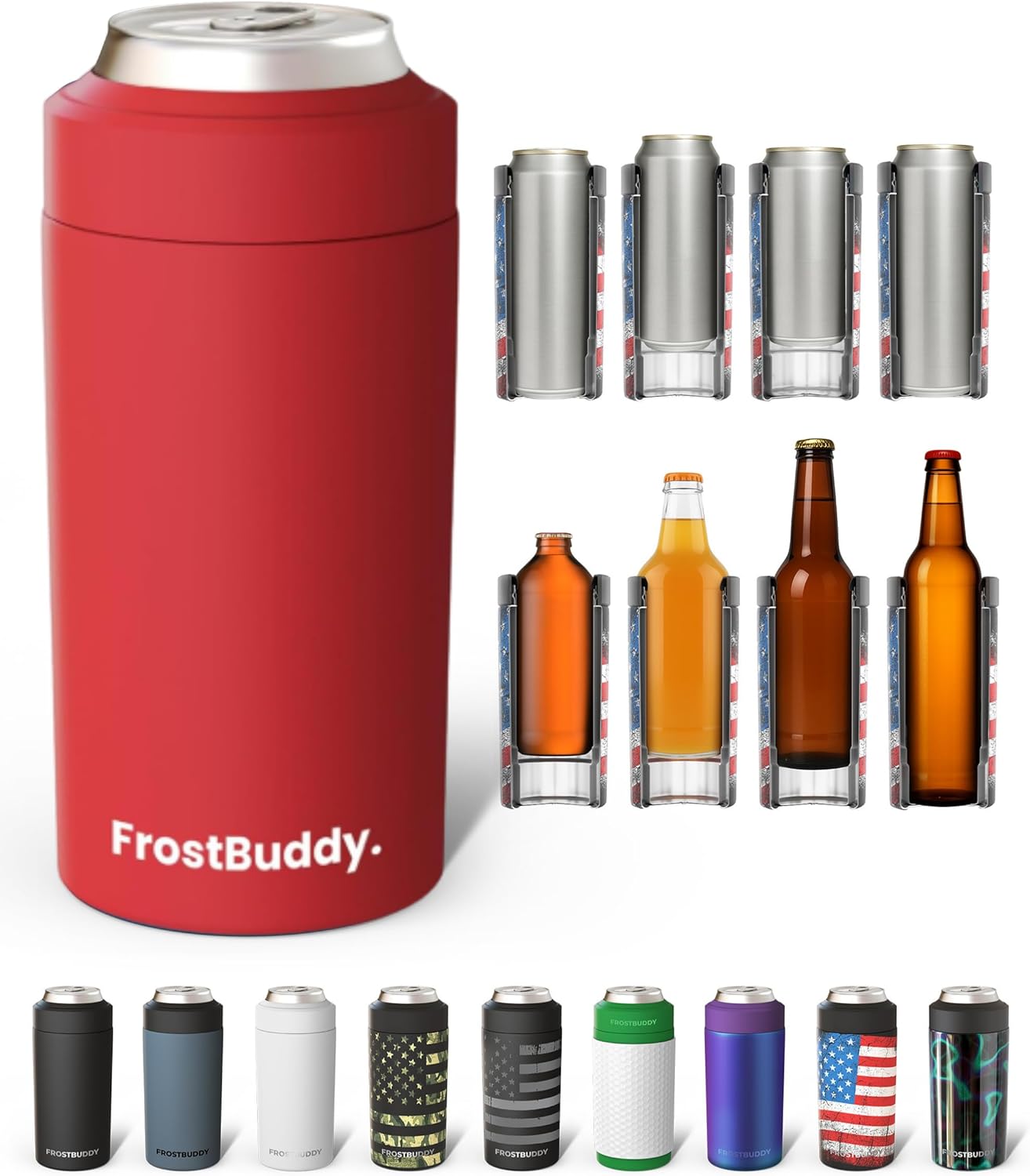 Frost Buddy Universal Can Cooler - Fits All - For Regular 12 & 16 oz or Slim-Size Bottles - Insulated Double-Walled Stainless Steel (MatteBlack)