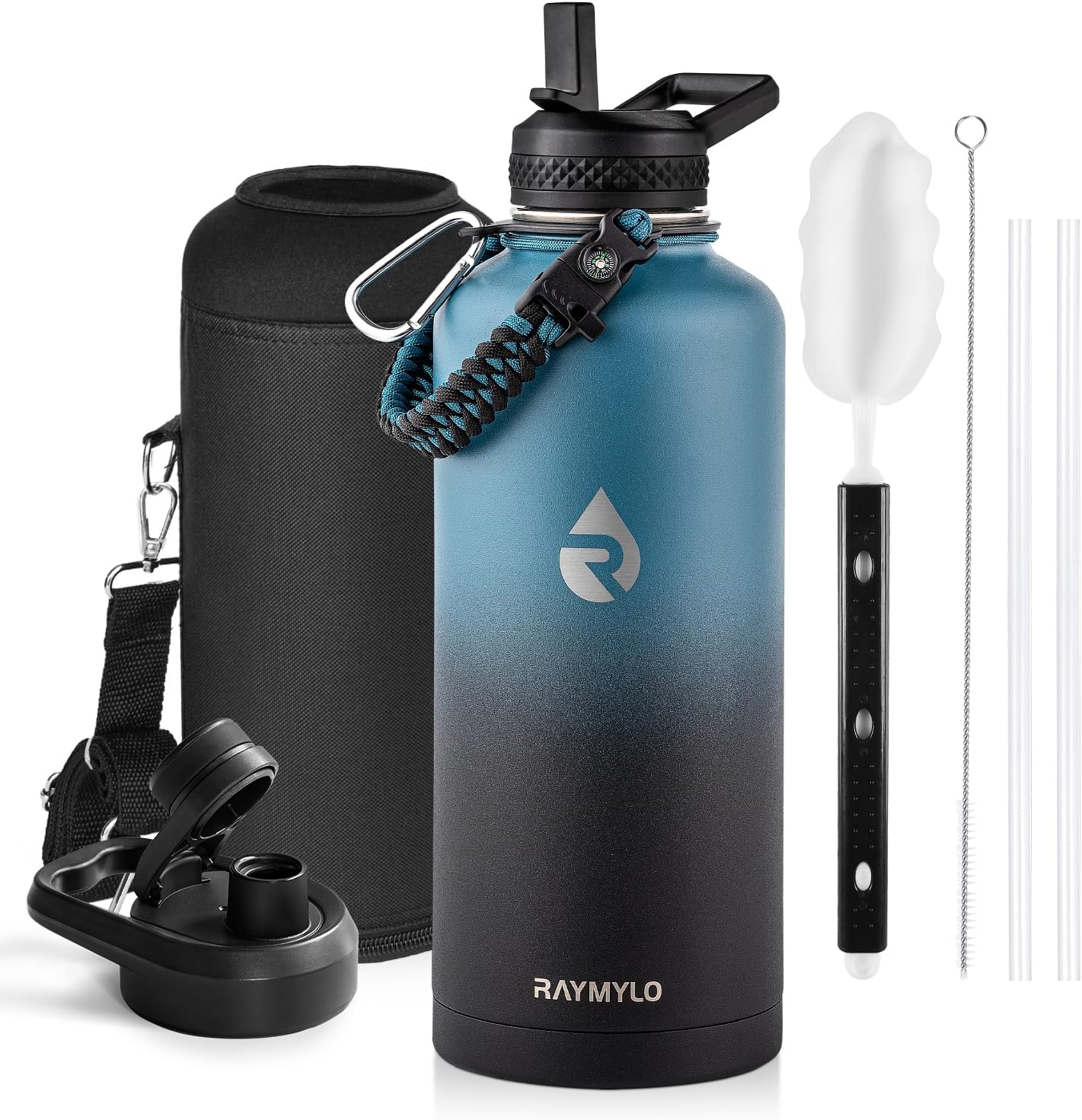 One Gallon Water Bottle Insulated, Triple Walled Vacuum Stainless Steel (Cold for 48 Hrs), Leak Proof & Non-BPA, Large Water Flask Jug with Paracord Handle & Straw Spout Lids