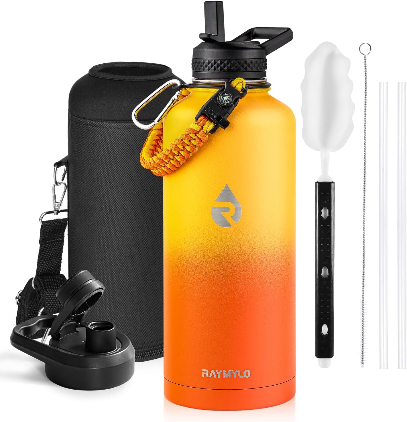 One Gallon Water Bottle Insulated, Triple Walled Vacuum Stainless Steel (Cold for 48 Hrs), Leak Proof & Non-BPA, Large Water Flask Jug with Paracord Handle & Straw Spout Lids
