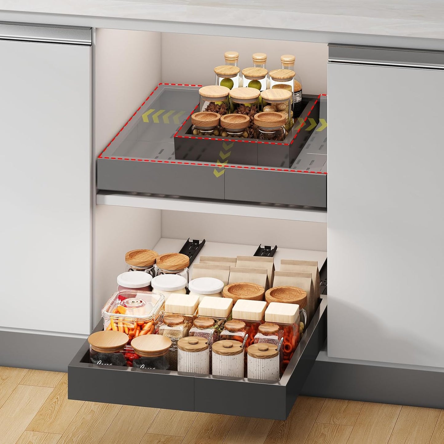 Pull out Cabinet Organizer,Width (14"-21") and Depth (17"-24") Expandable With 3 Rails,No Drill Adjustable Slide out Drawers for Kitchen,Pantry,Adhesive Roll out Shelves,for Cabinets Without Lip,White