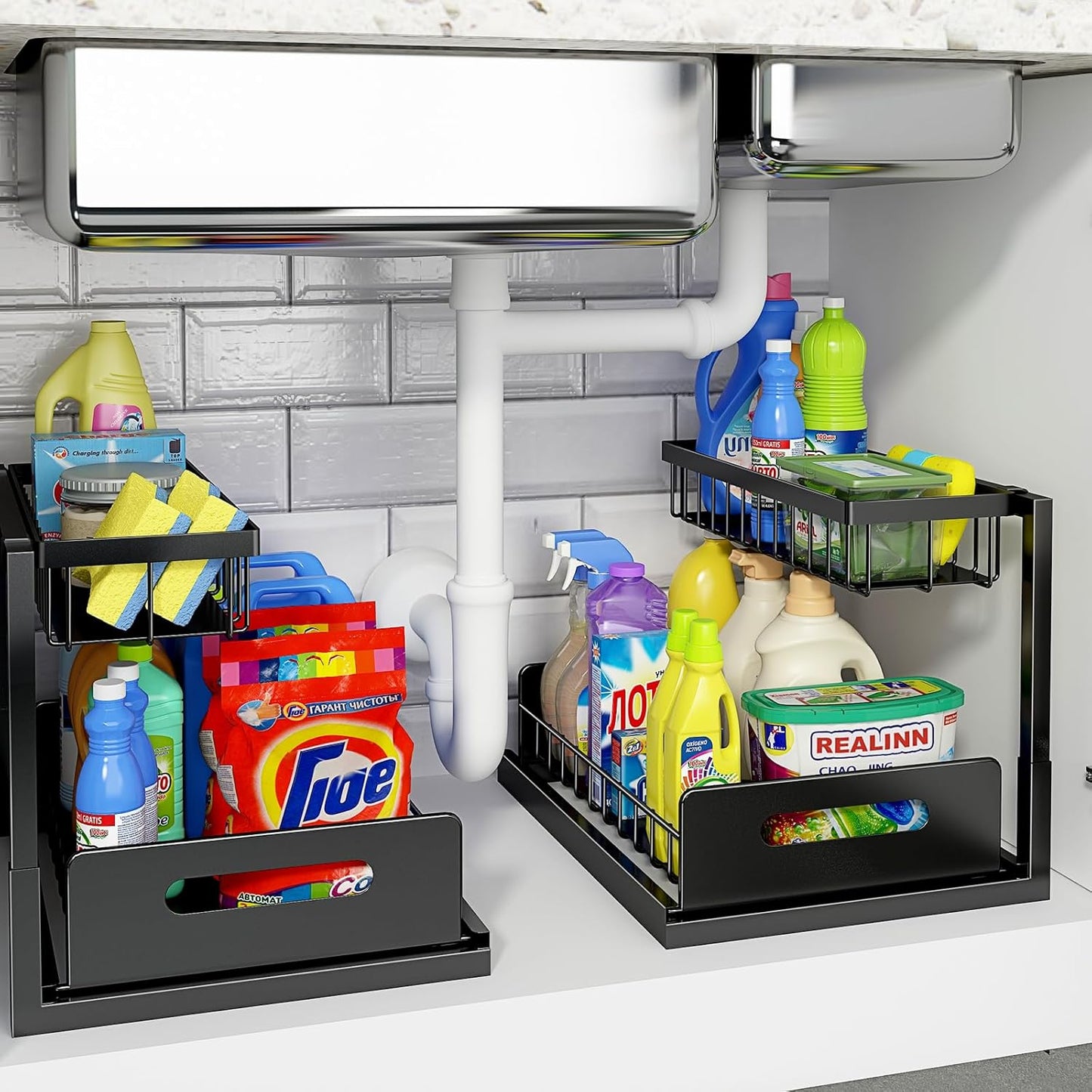 REALINN Under Sink Organizer, Pull Out Cabinet Organizer, 2 Tier Metal Slide Out Shelf with L Shaped Design, Under Cabinet Storage for Kitchen, Bathroom, Laundry, Deep Cabinet Shelf Storage, White
