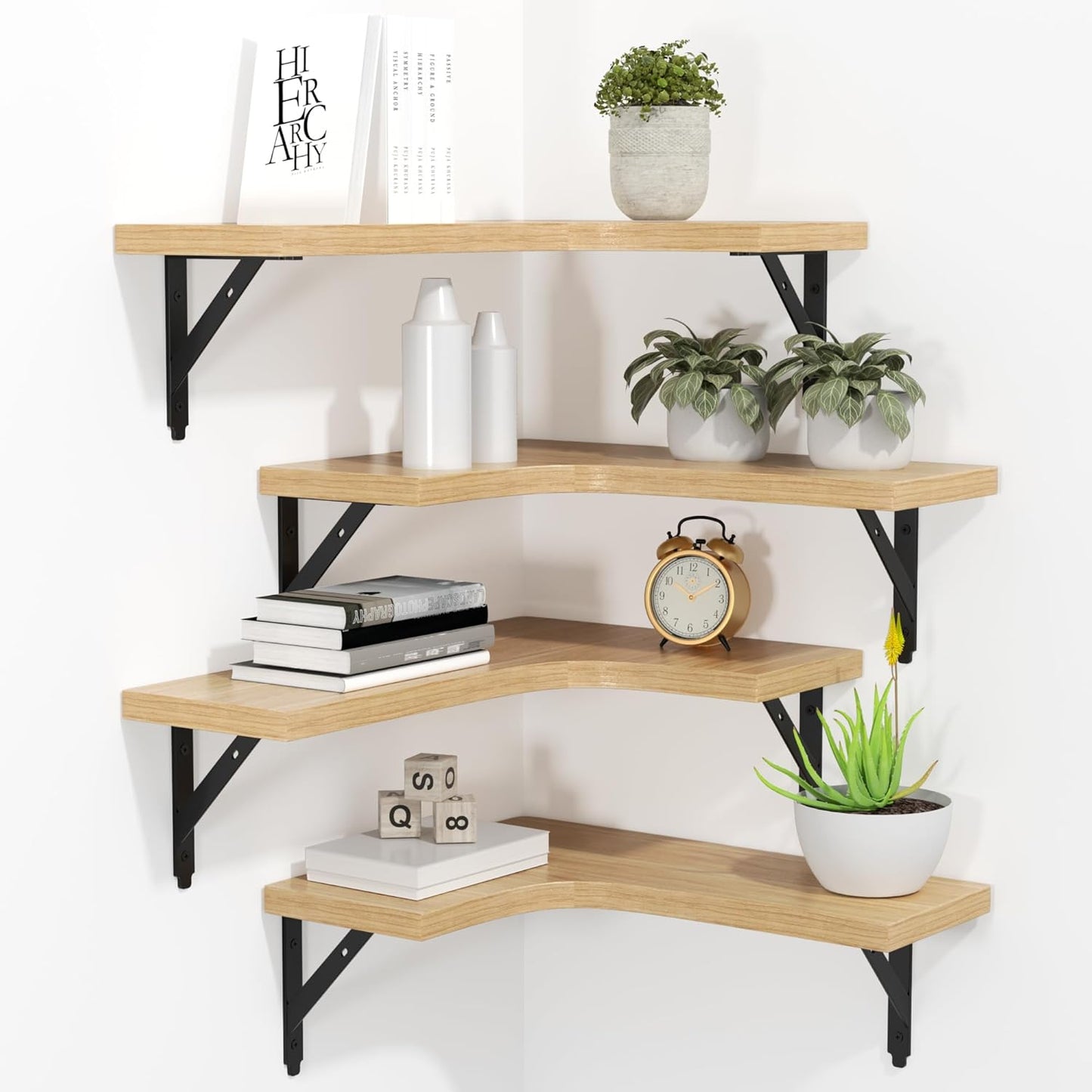 Corner Floating Shelves Wall Mounted Set of 4, Rustic Wood Storage Display Wall Shelves for Home Decor, Bathroom, Kitchen, Bedroom, Living Room, Office (Black)