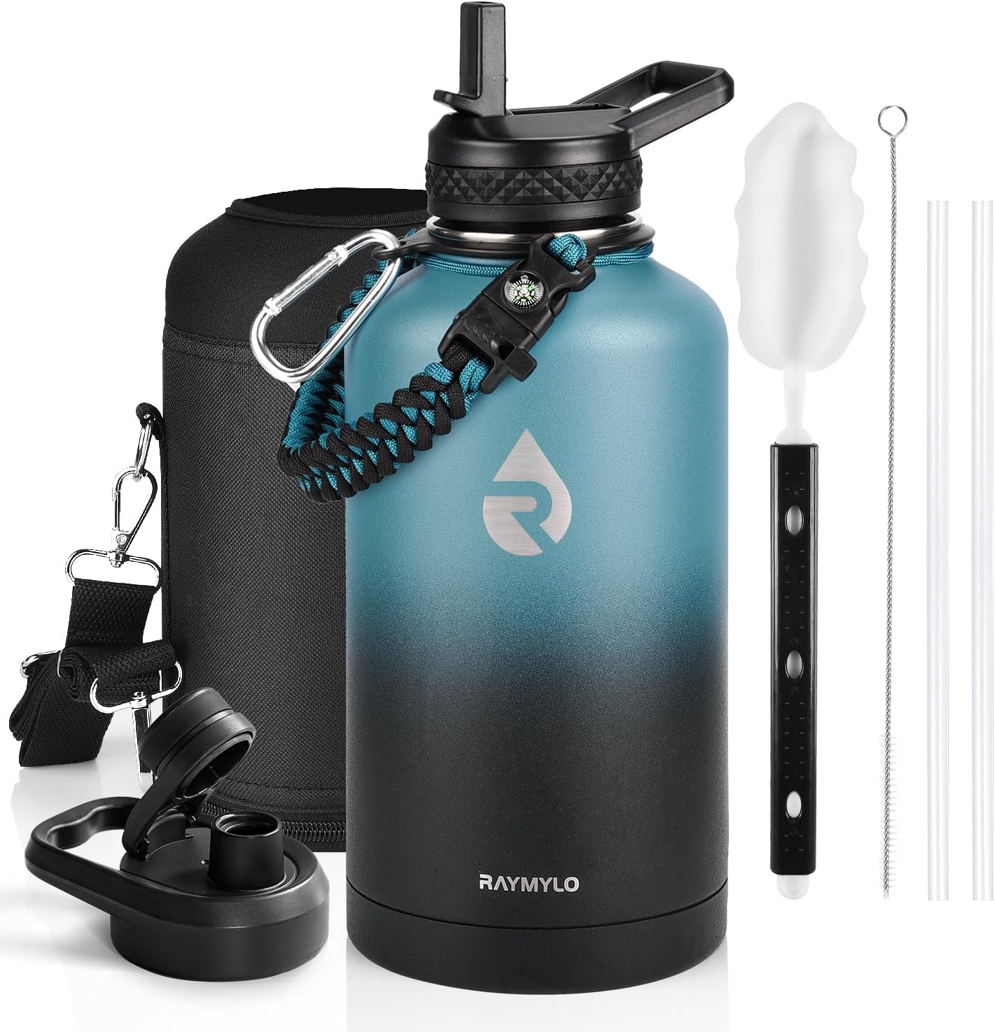 One Gallon Water Bottle Insulated, Triple Walled Vacuum Stainless Steel (Cold for 48 Hrs), Leak Proof & Non-BPA, Large Water Flask Jug with Paracord Handle & Straw Spout Lids