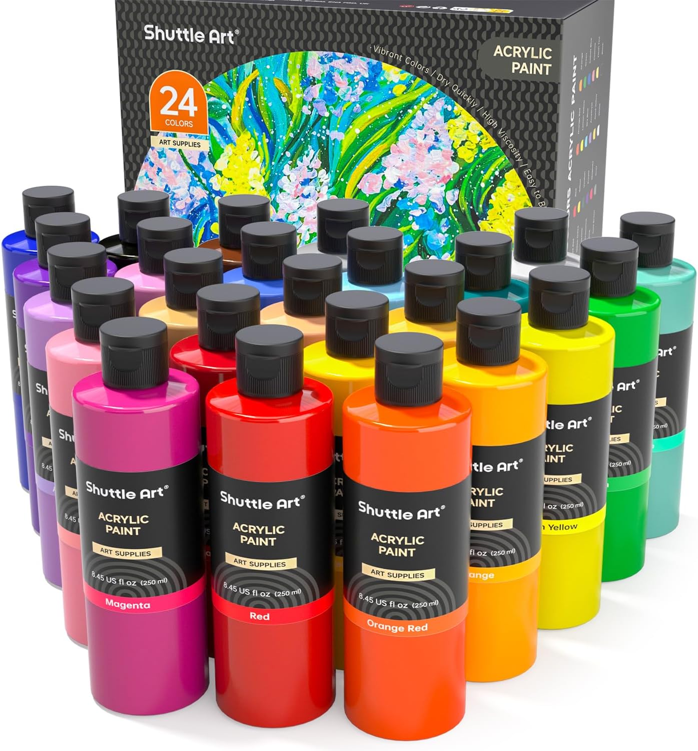 Shuttle Art 18 Colors Acrylic Paint Bottle Set (250ml/8.45oz), Rich Pigmented Bulk Painting Supplies for Artists, Beginners and Kids on Rocks Crafts Canvas Wood Ceramic