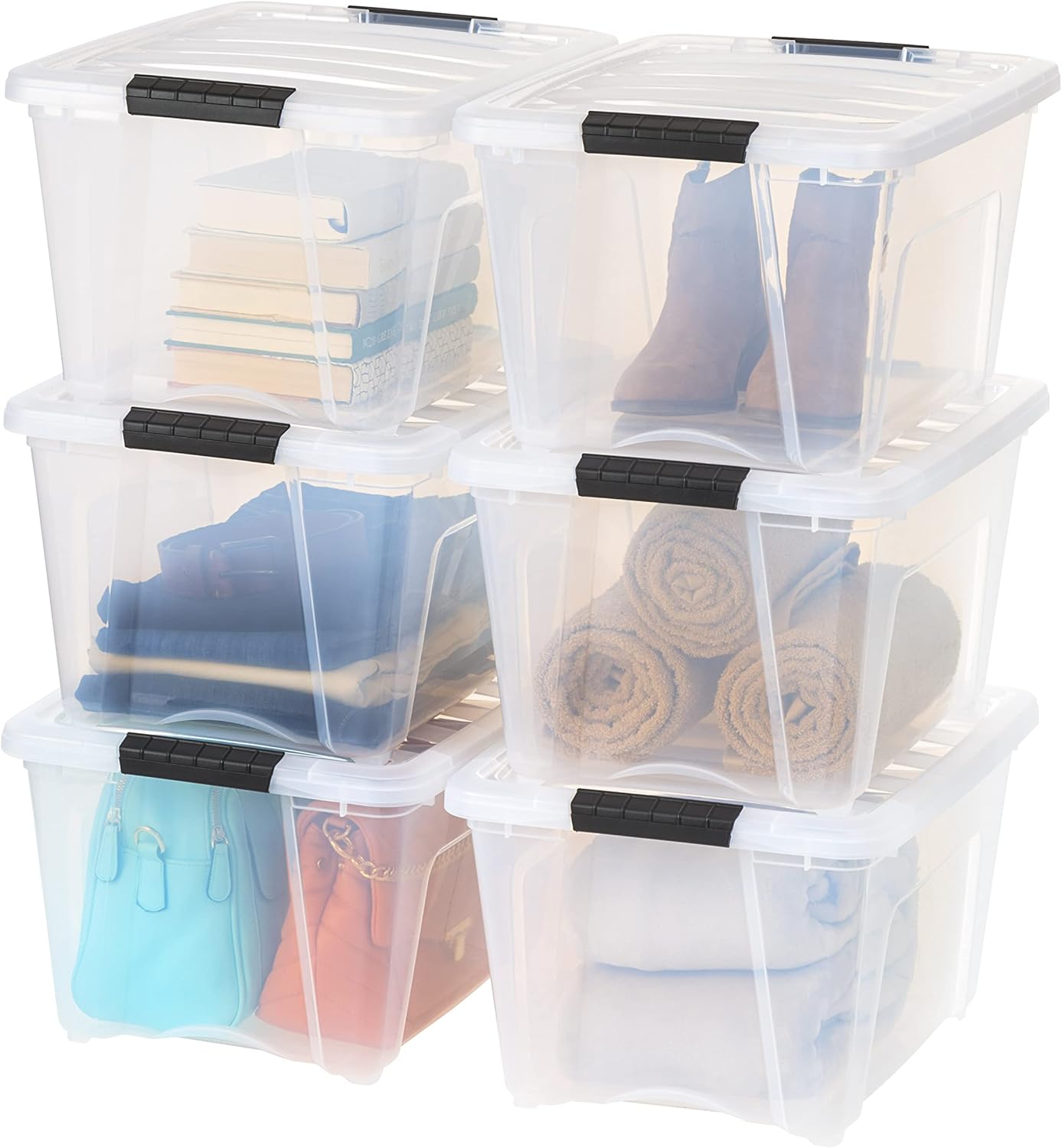 IRIS USA 13 QT Plastic Storage Box with Lid and Latches - 6 Pack - BPA-Free, See-Through Organizing Solution, Durable Nestable Stackable Containers, Secure Pull Handle - Clear
