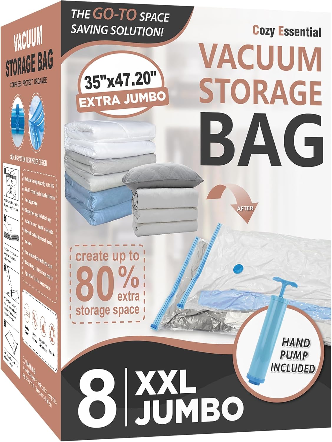 Cozy Essential Vacuum Storage Bags, 80% Compression Vacuum Seal Space Saver Plastic Packaging Bags for Clothes, Blankets, Pillow, Bedding, Comforters, Sealer Clothing Storage,20 Combo