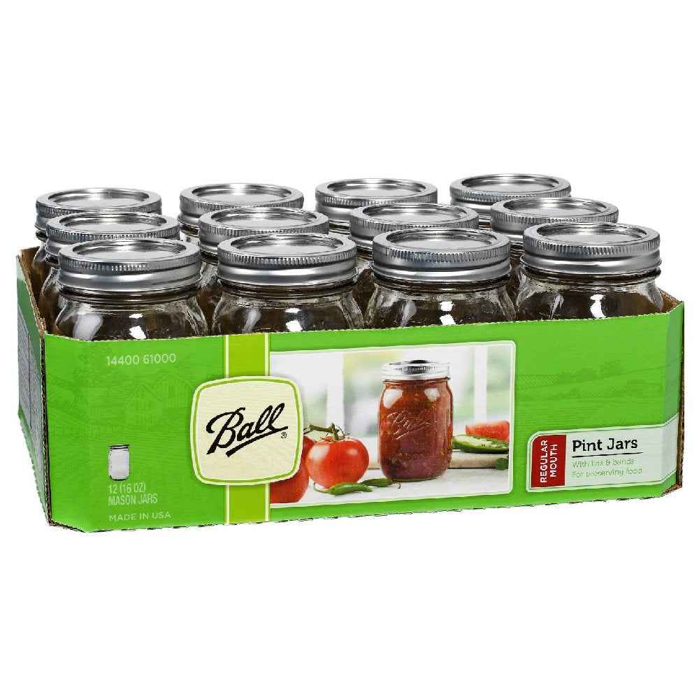 Ball Wide Mouth Pint 16-Ounce Glass Mason Jar with Lids and Bands, 12-Count