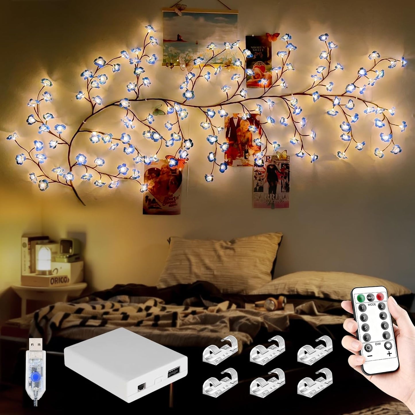 Cherry Enchanted Willow Vine Lights 7.55FT 144LED Pink Cherry Blossom Tree Branch Lights for Wall, Remote Timer,8 Light Model,Bedroom Wall Doors Wedding, Christmas, USB Battery Box