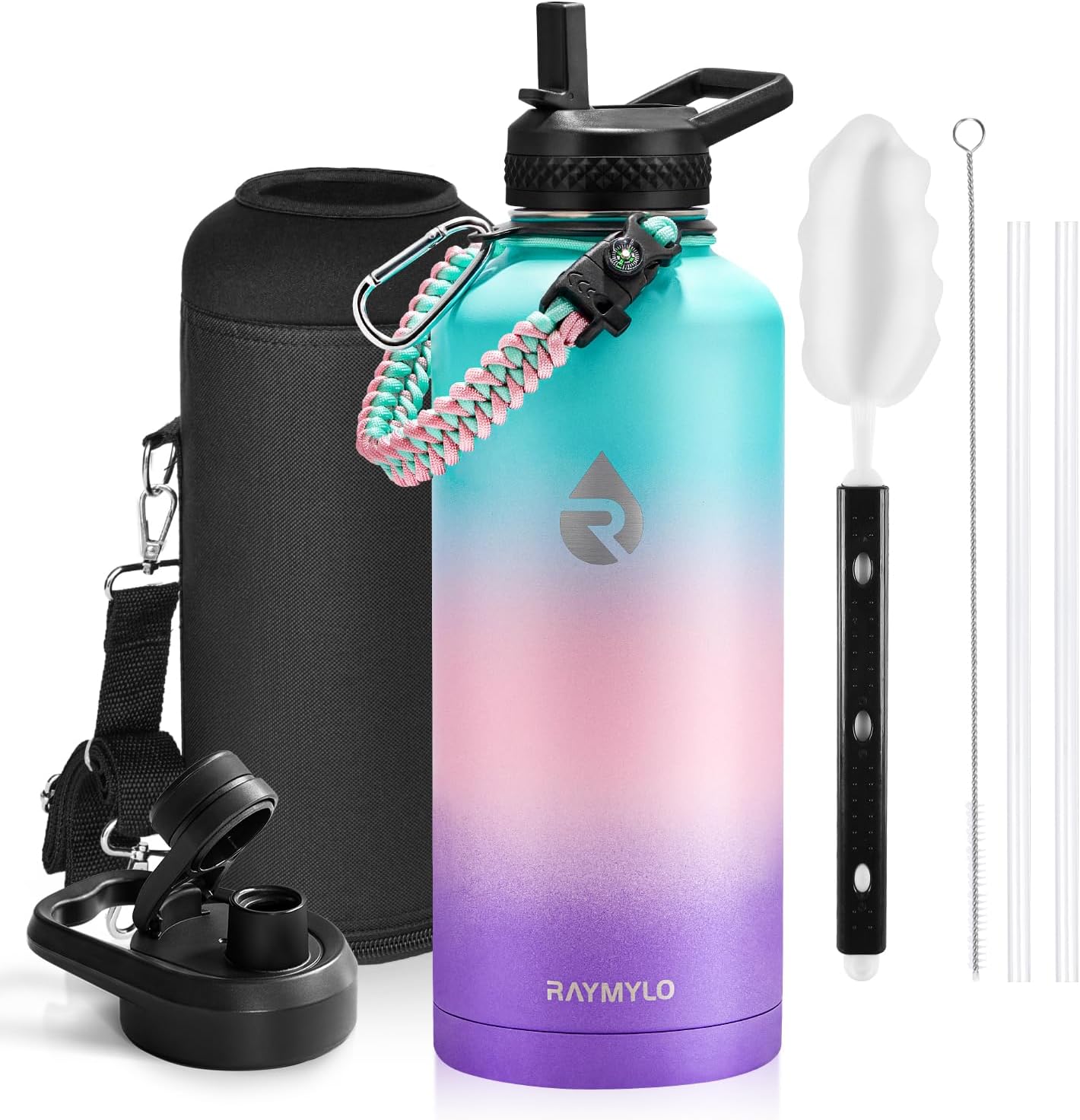 One Gallon Water Bottle Insulated, Triple Walled Vacuum Stainless Steel (Cold for 48 Hrs), Leak Proof & Non-BPA, Large Water Flask Jug with Paracord Handle & Straw Spout Lids