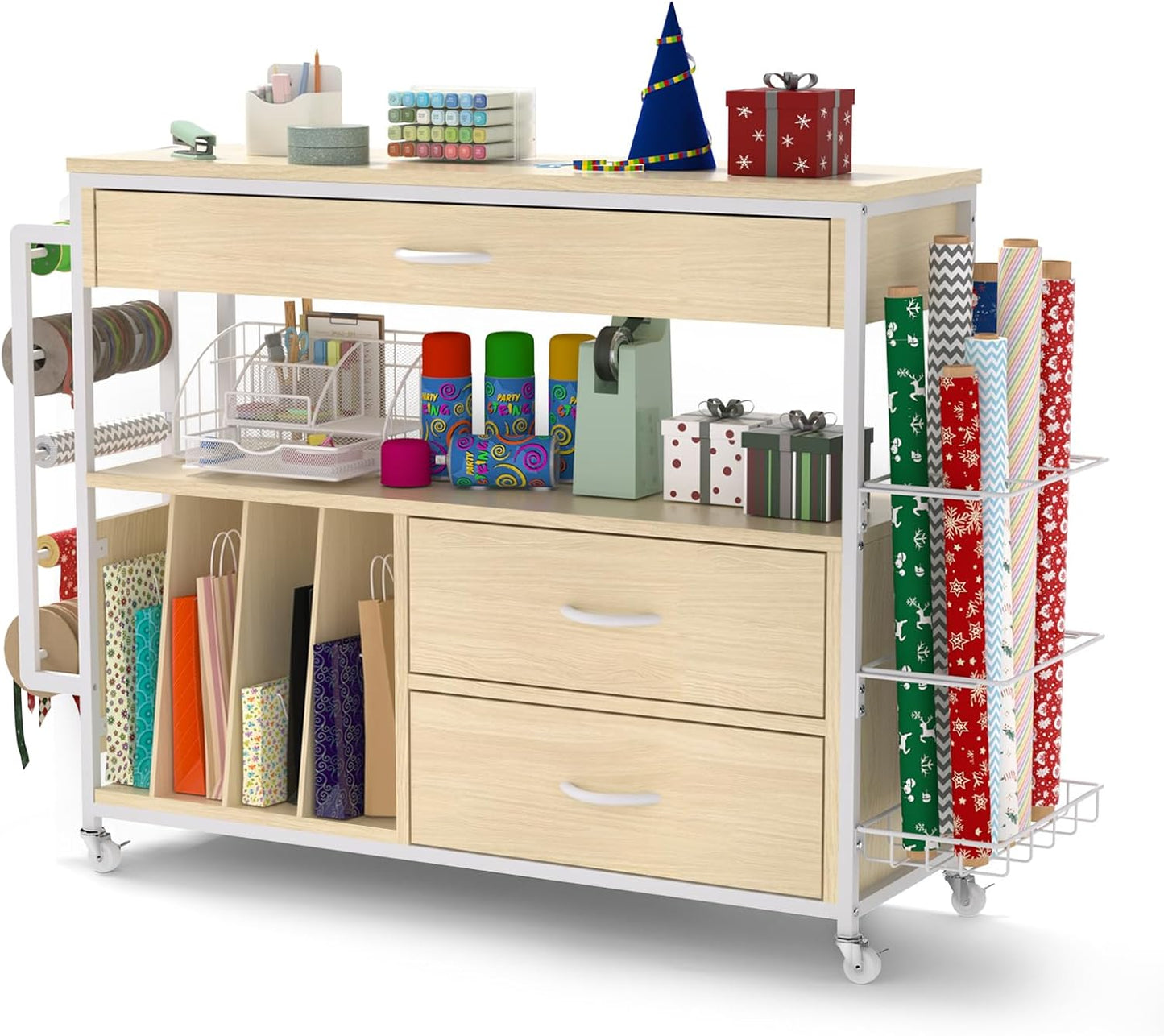 Wrapping Paper Storage & Organizer, Craft Cart with Ribbon & Gift Bag Storage, Wrapping Paper Organizer Holder(3 Wooden Drawers-White)
