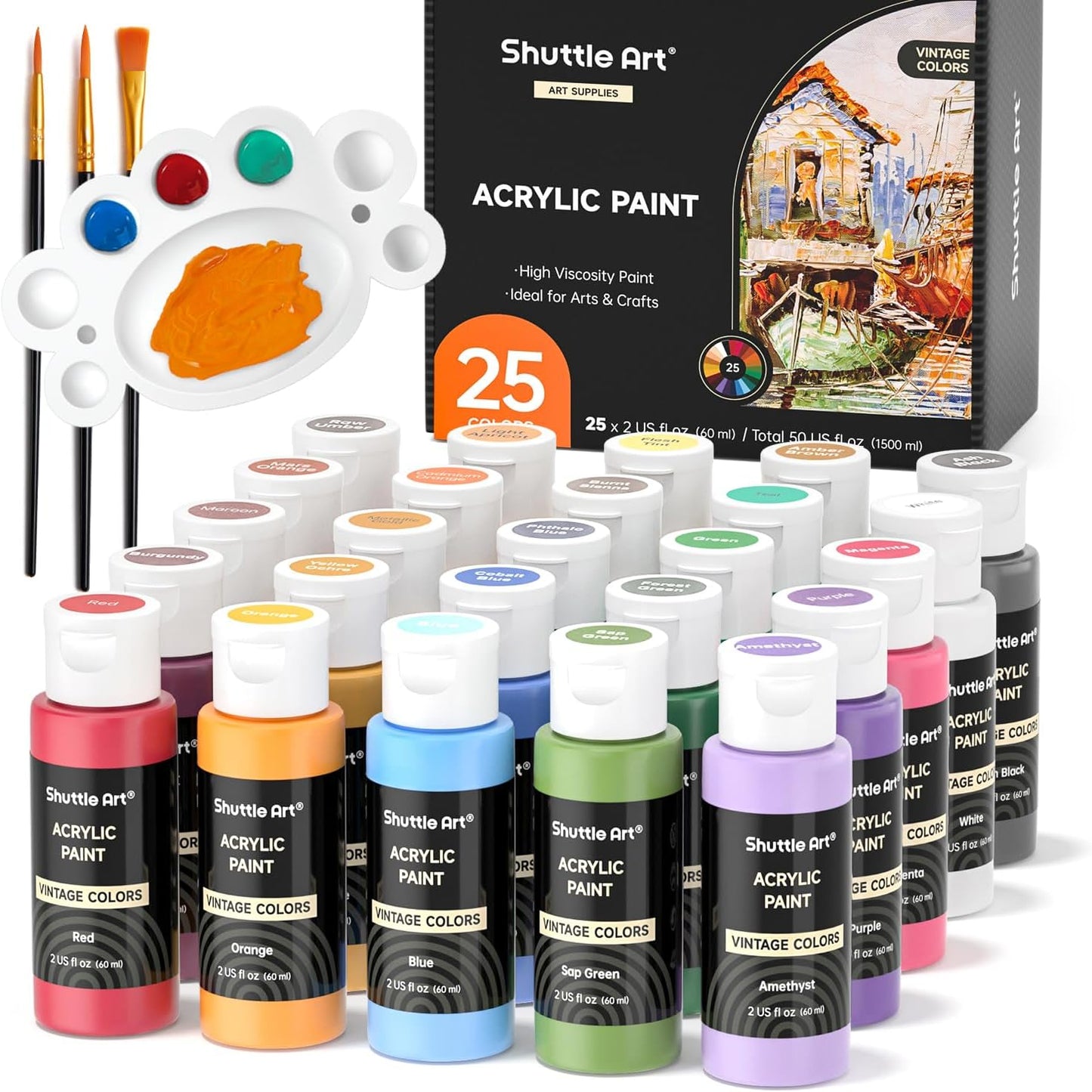 Shuttle Art Acrylic Paint, 36 Colors Acrylic Paint Set with Brushes & Palette, 2oz/60ml Bottles, Rich Pigments Non-toxic for Artists Kids & Adults, Painting on Canvas Rocks Ceramic Wood
