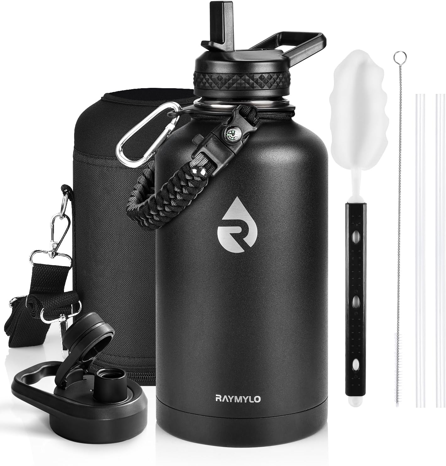 One Gallon Water Bottle Insulated, Triple Walled Vacuum Stainless Steel (Cold for 48 Hrs), Leak Proof & Non-BPA, Large Water Flask Jug with Paracord Handle & Straw Spout Lids