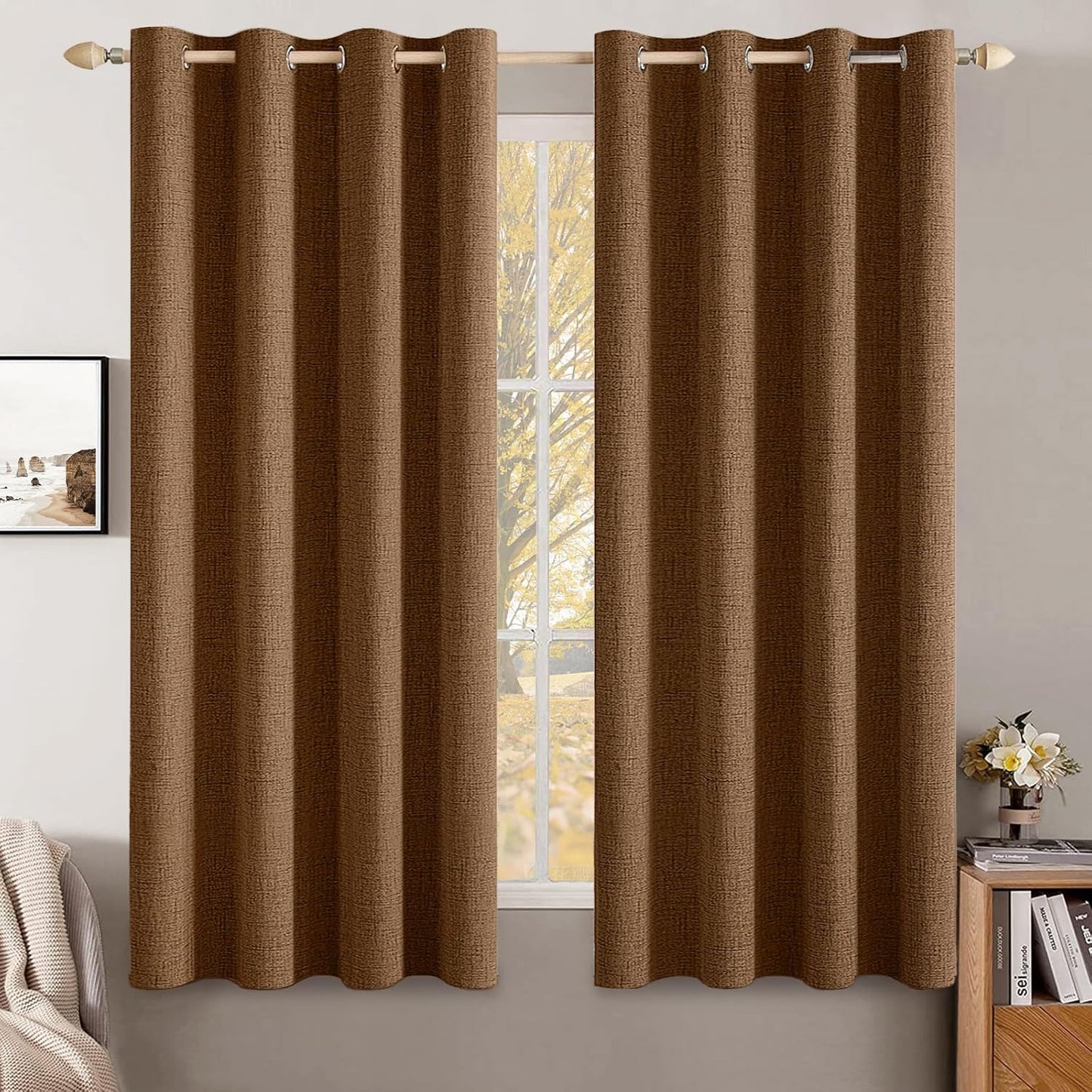 MIULEE 100% Blackout Linen Textured Curtains for Bedroom Solid Thermal Insulated Natural Beige Grommet Room Darkening Curtains & Drapes Luxury Decor for Living Room Nursery 52 x 84 Inch (2 Panels)