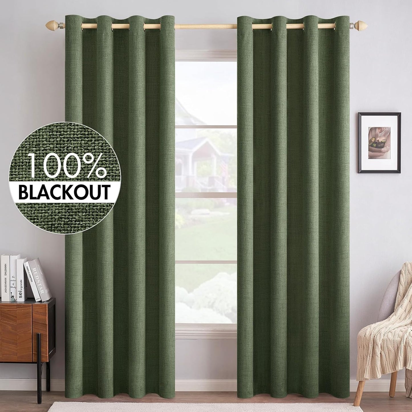 MIULEE 100% Blackout Linen Textured Curtains for Bedroom Solid Thermal Insulated Natural Beige Grommet Room Darkening Curtains & Drapes Luxury Decor for Living Room Nursery 52 x 84 Inch (2 Panels)