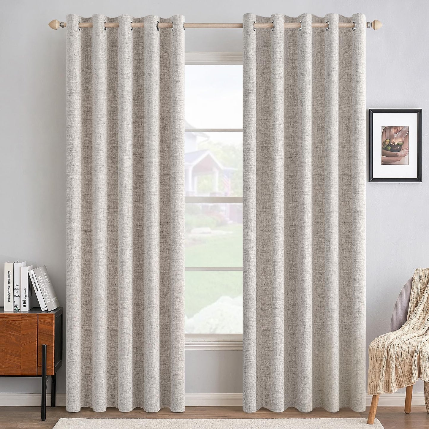 MIULEE 100% Blackout Linen Textured Curtains for Bedroom Solid Thermal Insulated Natural Beige Grommet Room Darkening Curtains & Drapes Luxury Decor for Living Room Nursery 52 x 84 Inch (2 Panels)