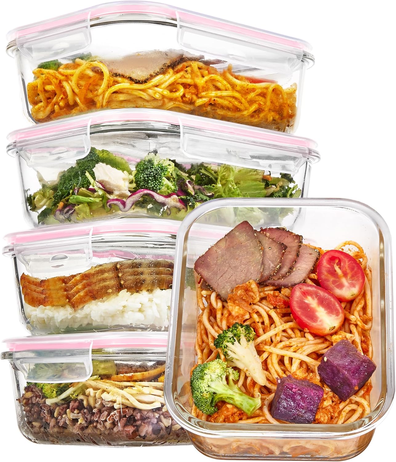 Vtopmart 5Pack 22oz Glass Storage Containers with Lids, Glass Meal Prep Food Container Sets with Snap Airtight Lids for Microwave, Oven, Freezer and Dishwasher, Grey