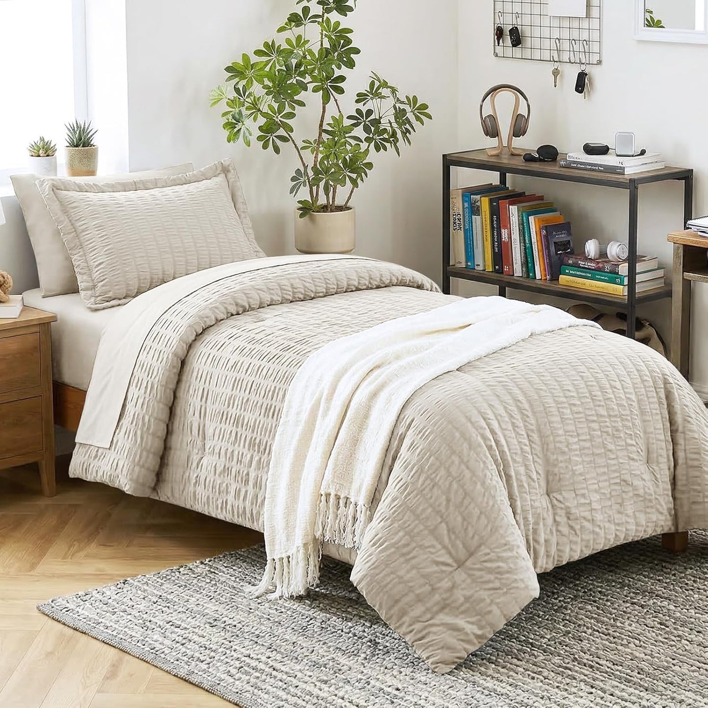 CozyLux Queen Comforter Set White Seersucker 7 Pieces Bed in a Bag Queen Comforter Set with Sheets, Luxury Soft Bedding Set with Down Alternative Comforter, Sheets, Pillowcases & Shams for All Seasons