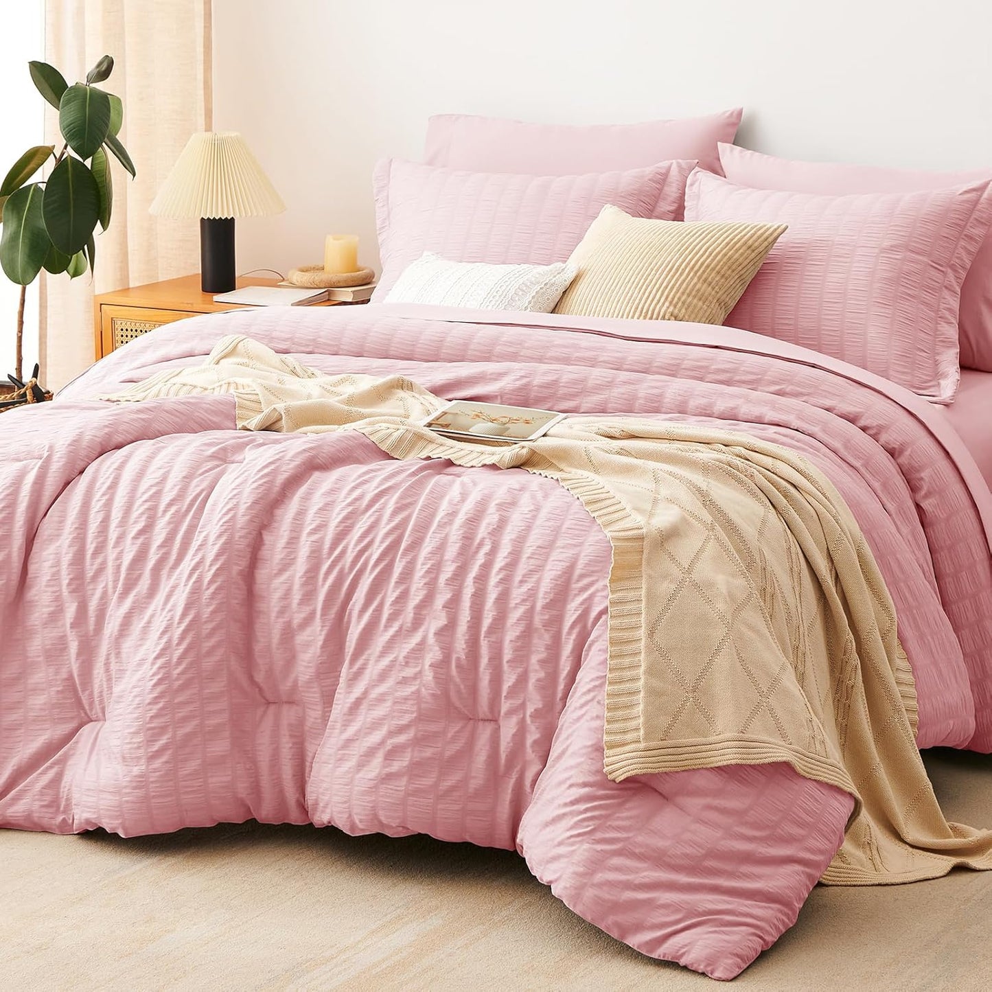 CozyLux Queen Comforter Set White Seersucker 7 Pieces Bed in a Bag Queen Comforter Set with Sheets, Luxury Soft Bedding Set with Down Alternative Comforter, Sheets, Pillowcases & Shams for All Seasons