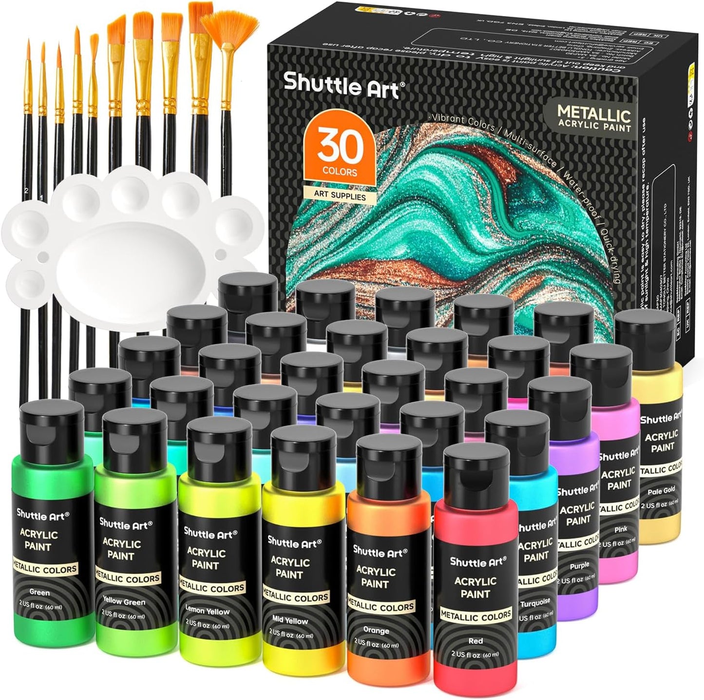 Shuttle Art Acrylic Paint, 36 Colors Acrylic Paint Set with Brushes & Palette, 2oz/60ml Bottles, Rich Pigments Non-toxic for Artists Kids & Adults, Painting on Canvas Rocks Ceramic Wood