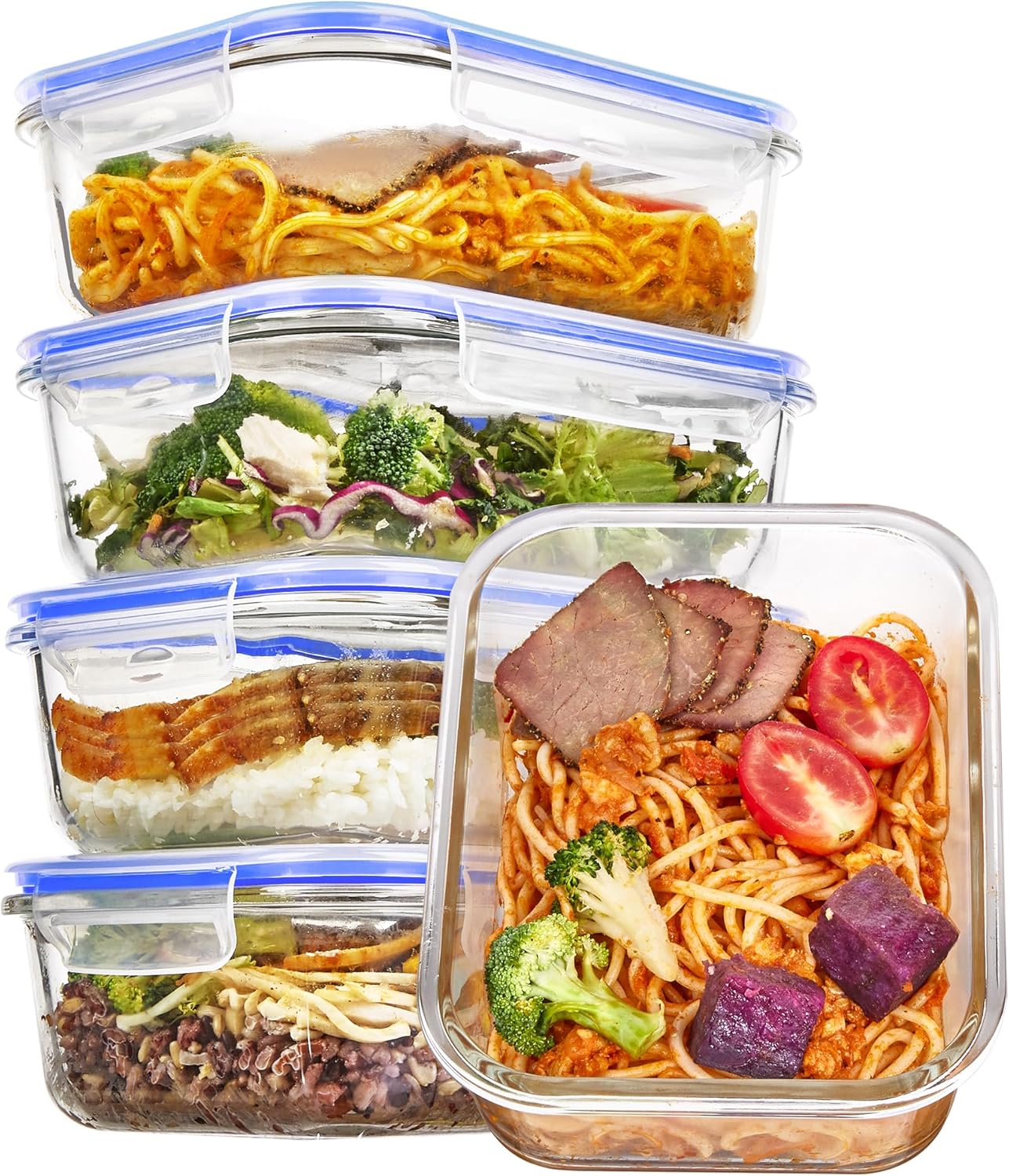 Vtopmart 5Pack 22oz Glass Storage Containers with Lids, Glass Meal Prep Food Container Sets with Snap Airtight Lids for Microwave, Oven, Freezer and Dishwasher, Grey