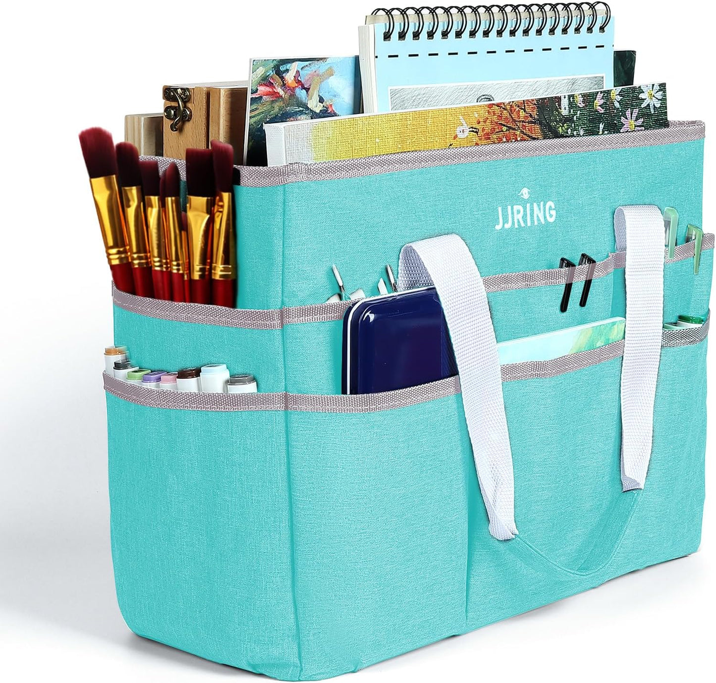 JJRING Craft Organizer Tote Bag, Large Art Storage Caddy with Multiple Pockets, Bluish Green Sewing Bag for Art, Craft, Scrapbooking, School, Medical, and Office Supplies Storage