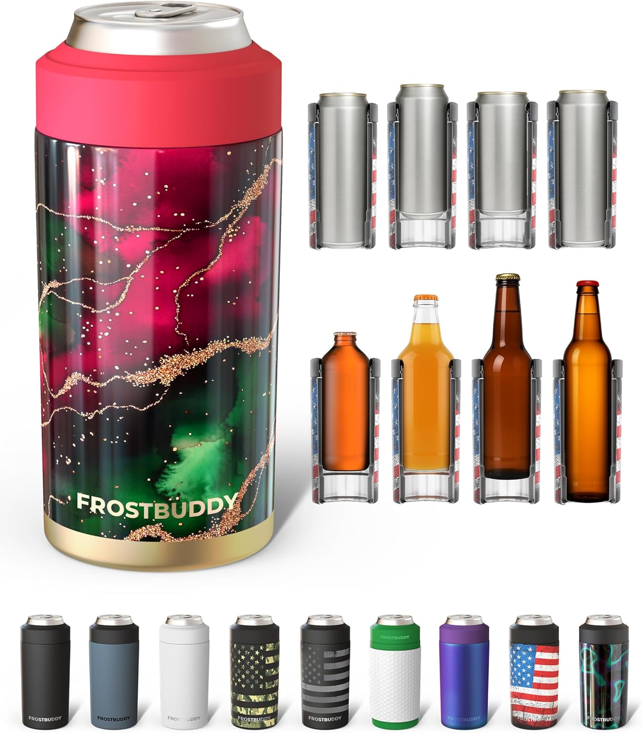Frost Buddy Universal Can Cooler - Fits All - For Regular 12 & 16 oz or Slim-Size Bottles - Insulated Double-Walled Stainless Steel (MatteBlack)