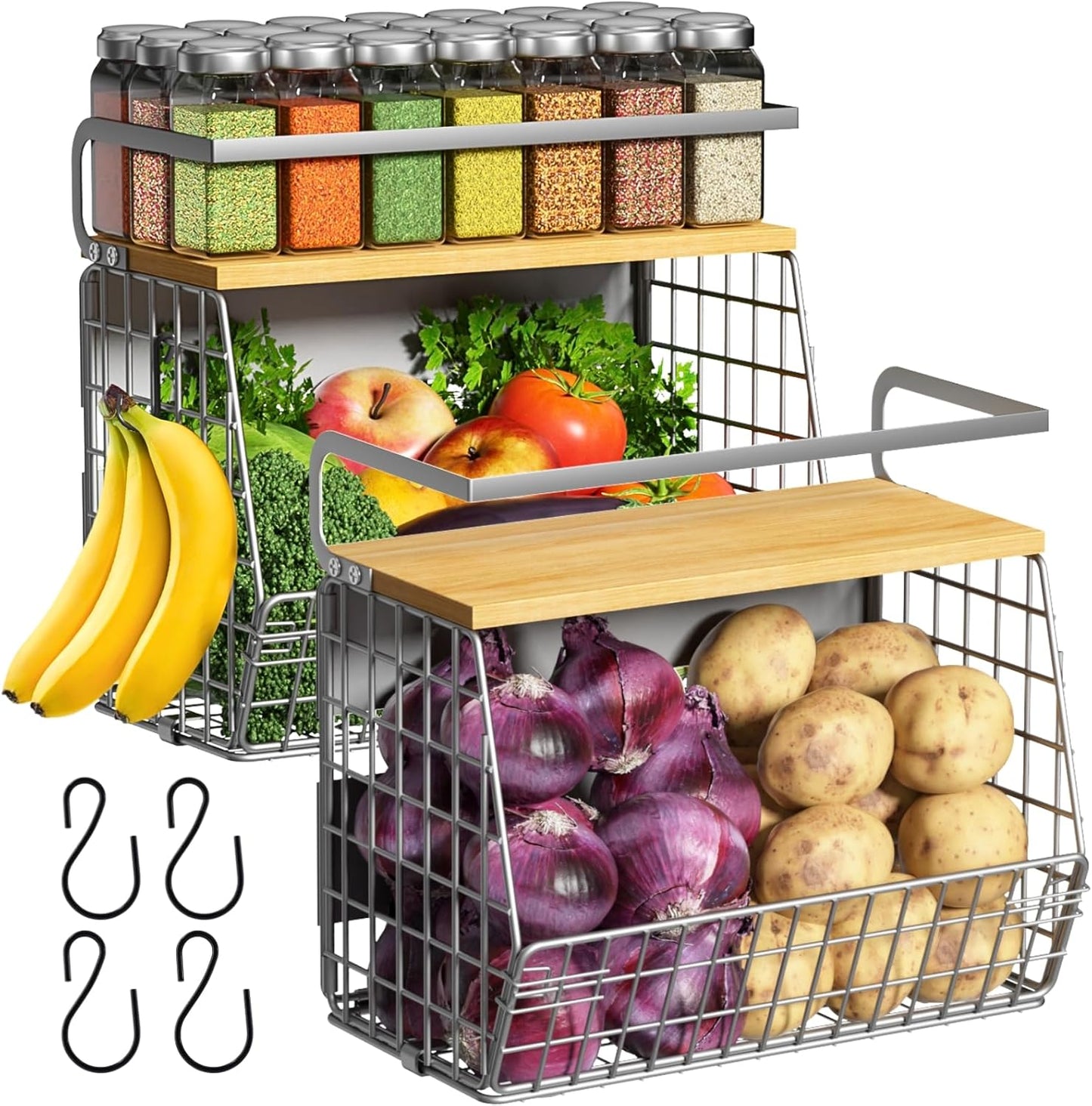 Ofiray-home Magnetic Shelf for Fridge with Wood Lid, Fruit Potato and Onion Storage Bins, Pantry Organizers & Storage, Large Container Magnetic Spice Rack for Refrigerator, Kitchen Counter, Cabinet