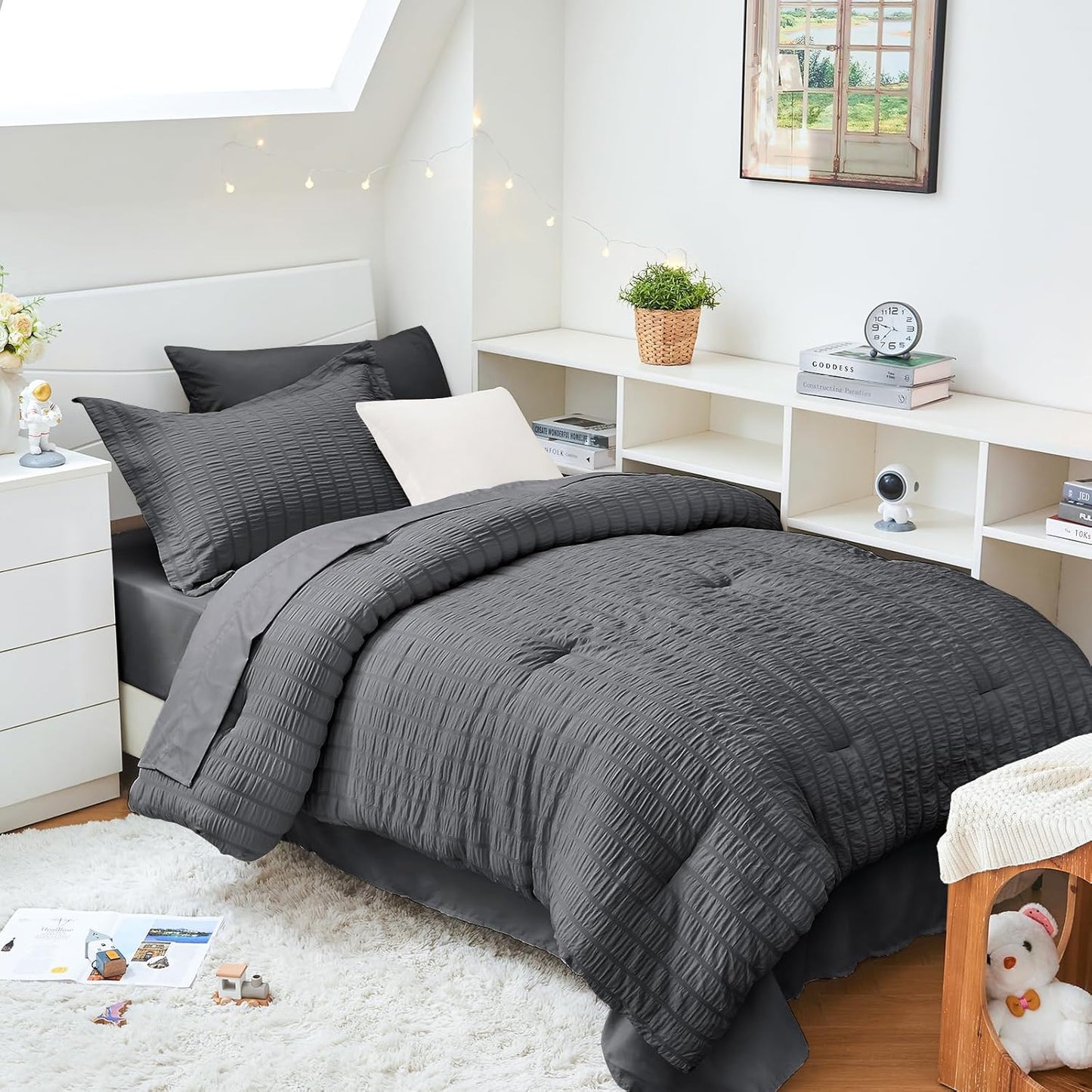 HYMOKEGE Queen Comforter Set Seersucker 7 Pieces, All Season Luxury Bed in a Bag for Bedroom, Bedding Set with Comforters, Sheets, Pillowcases & Shams, Dark Grey
