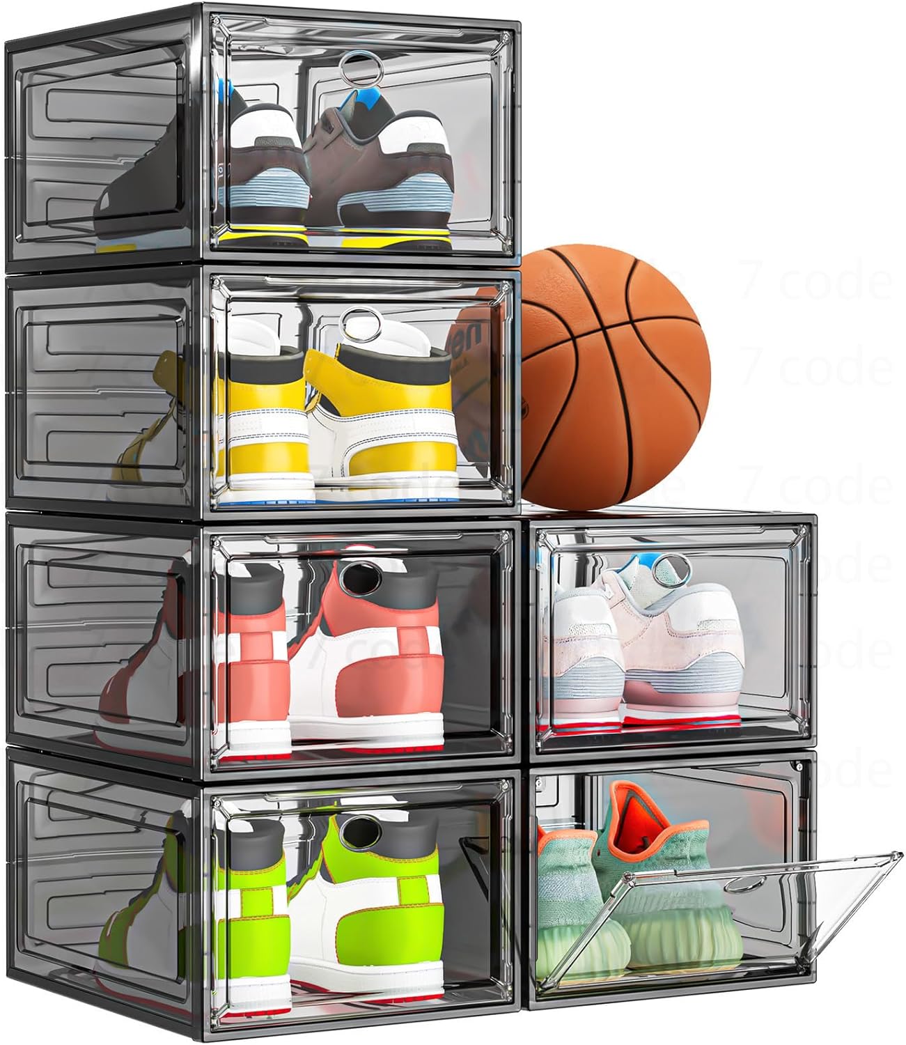 Thickened Clear Shoe Storage Organizer with Magnetic Door, Sturdy Stackable Shoe Boxes for Closet, Collapsible Space-Saving Shoe Rack for Sneakers & Boots, Plastic Shoe Cabinet Box Set, 6 Pack, White