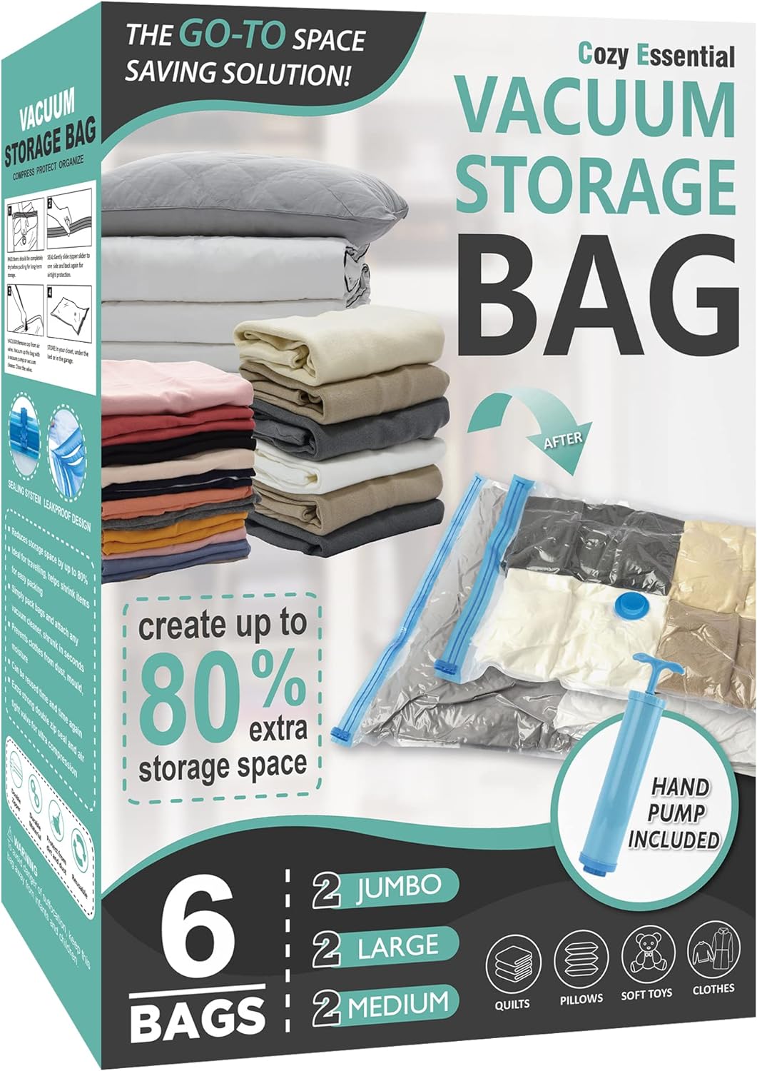 Cozy Essential Vacuum Storage Bags, 80% Compression Vacuum Seal Space Saver Plastic Packaging Bags for Clothes, Blankets, Pillow, Bedding, Comforters, Sealer Clothing Storage,20 Combo