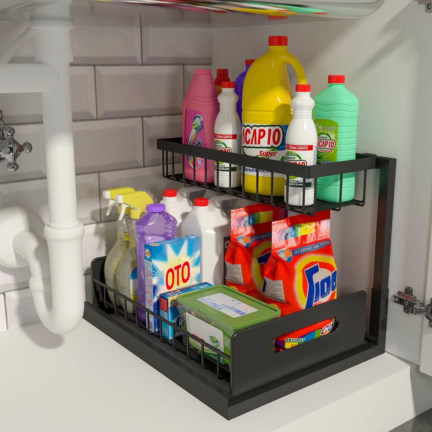 REALINN Under Sink Organizer, Pull Out Cabinet Organizer, 2 Tier Metal Slide Out Shelf with L Shaped Design, Under Cabinet Storage for Kitchen, Bathroom, Laundry, Deep Cabinet Shelf Storage, White