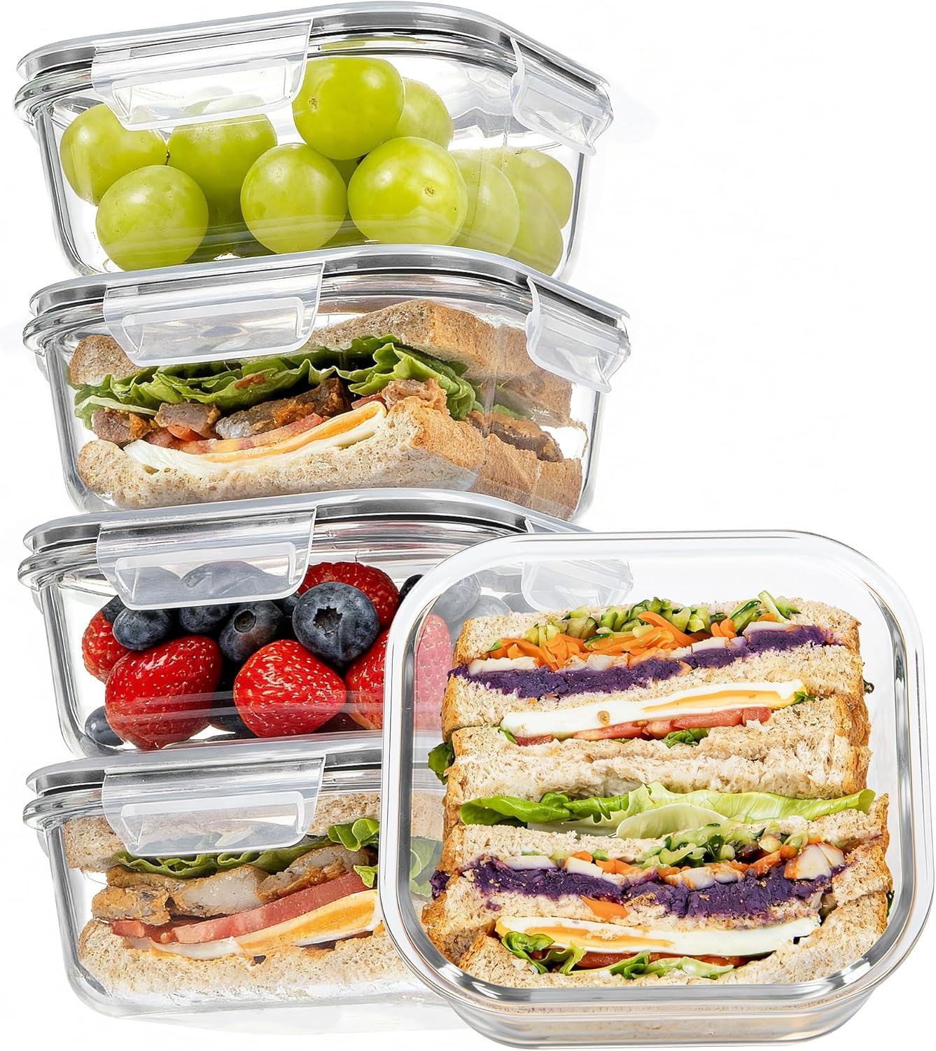 Vtopmart 5Pack 22oz Glass Storage Containers with Lids, Glass Meal Prep Food Container Sets with Snap Airtight Lids for Microwave, Oven, Freezer and Dishwasher, Grey