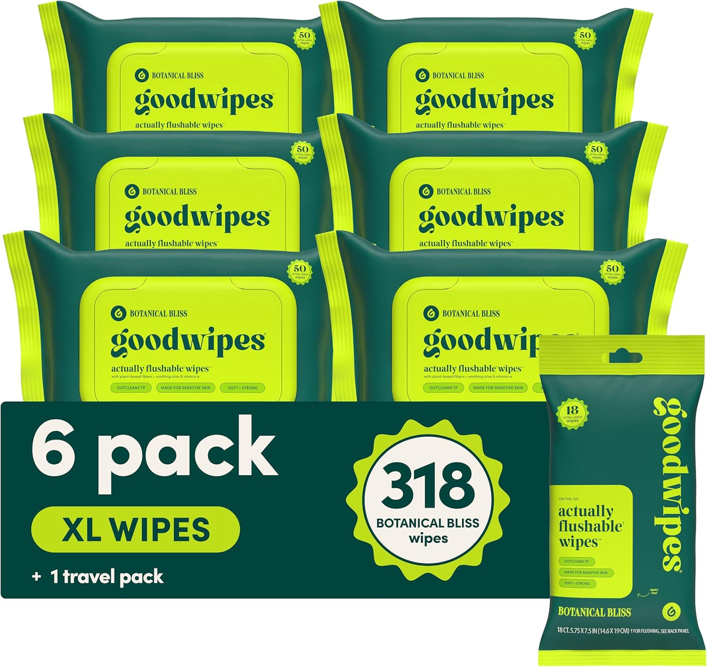 goodwipes Flushable Butt Wipes - Vitamin E & Aloe - Sewer & Septic Safe - Extra Large Adult Wet Wipes For Women & Men - Bathroom Essentials - Rosewater, 318 Count (6 Packs + 1 Travel)