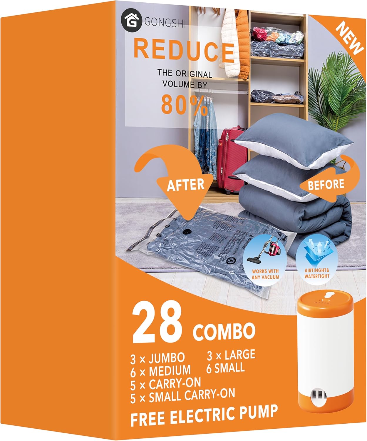 GONGSHI Vacuum Storage Bags, Space Saver Bags for Clothing,Blankets,Comforters, Pillows, Clothes,Travel,12 Jumbo