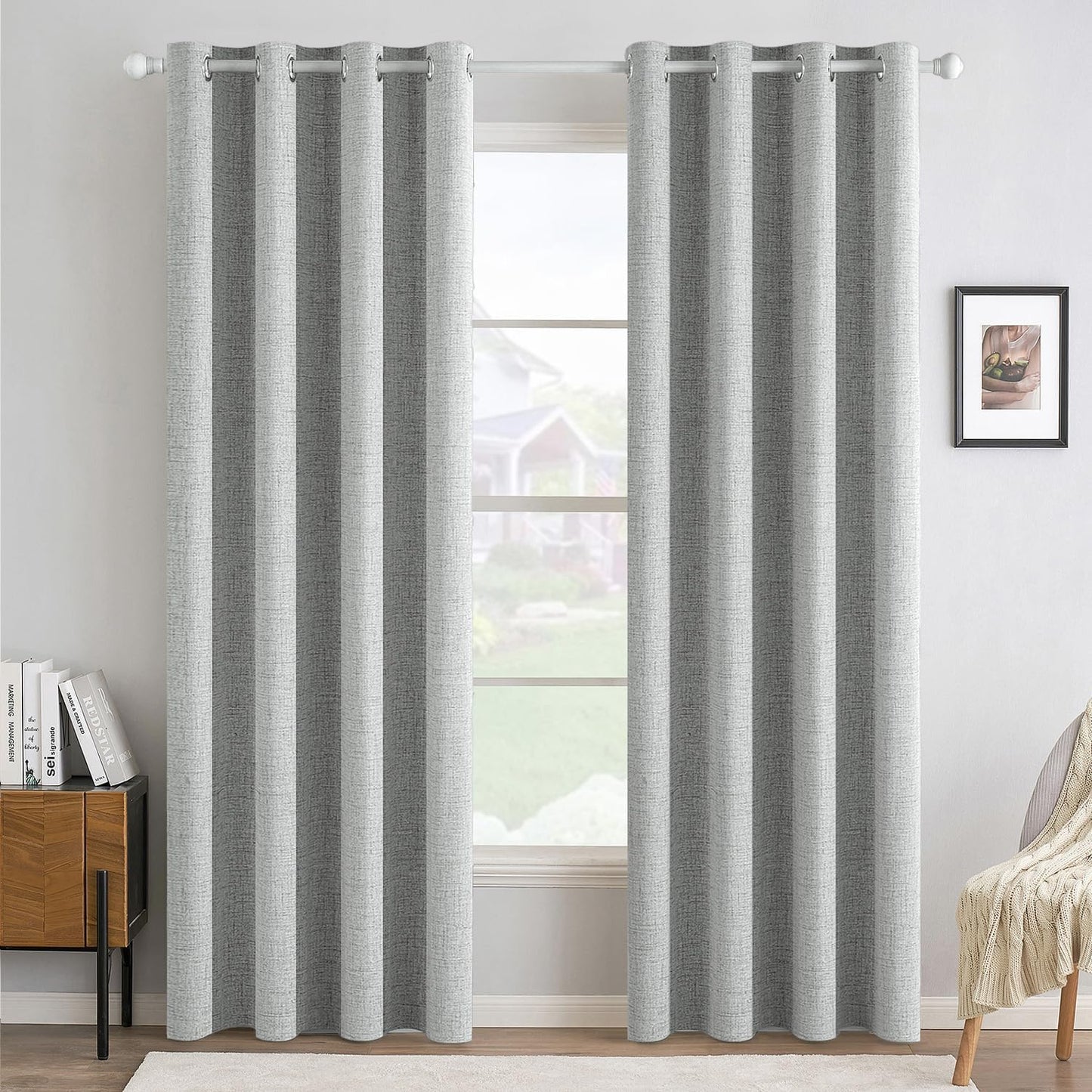 MIULEE 100% Blackout Linen Textured Curtains for Bedroom Solid Thermal Insulated Natural Beige Grommet Room Darkening Curtains & Drapes Luxury Decor for Living Room Nursery 52 x 84 Inch (2 Panels)