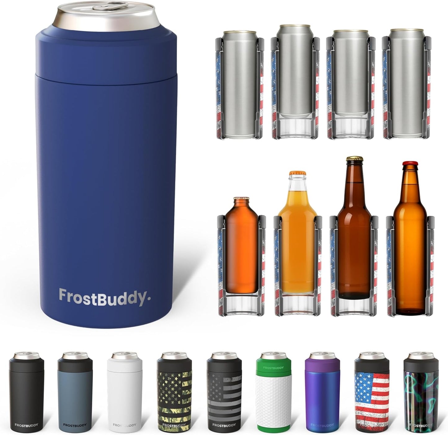Frost Buddy Universal Can Cooler - Fits All - For Regular 12 & 16 oz or Slim-Size Bottles - Insulated Double-Walled Stainless Steel (MatteBlack)